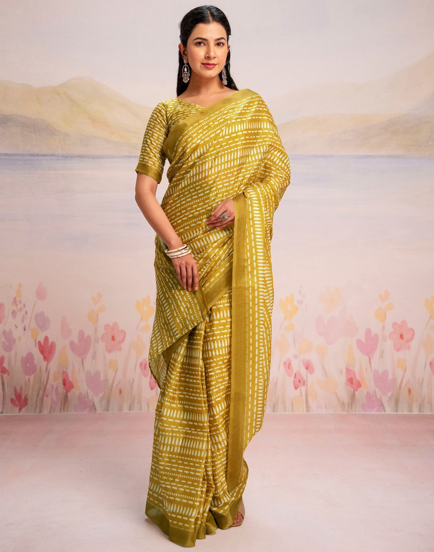 Ready To Wear Lime Yellow Linen Printed Saree