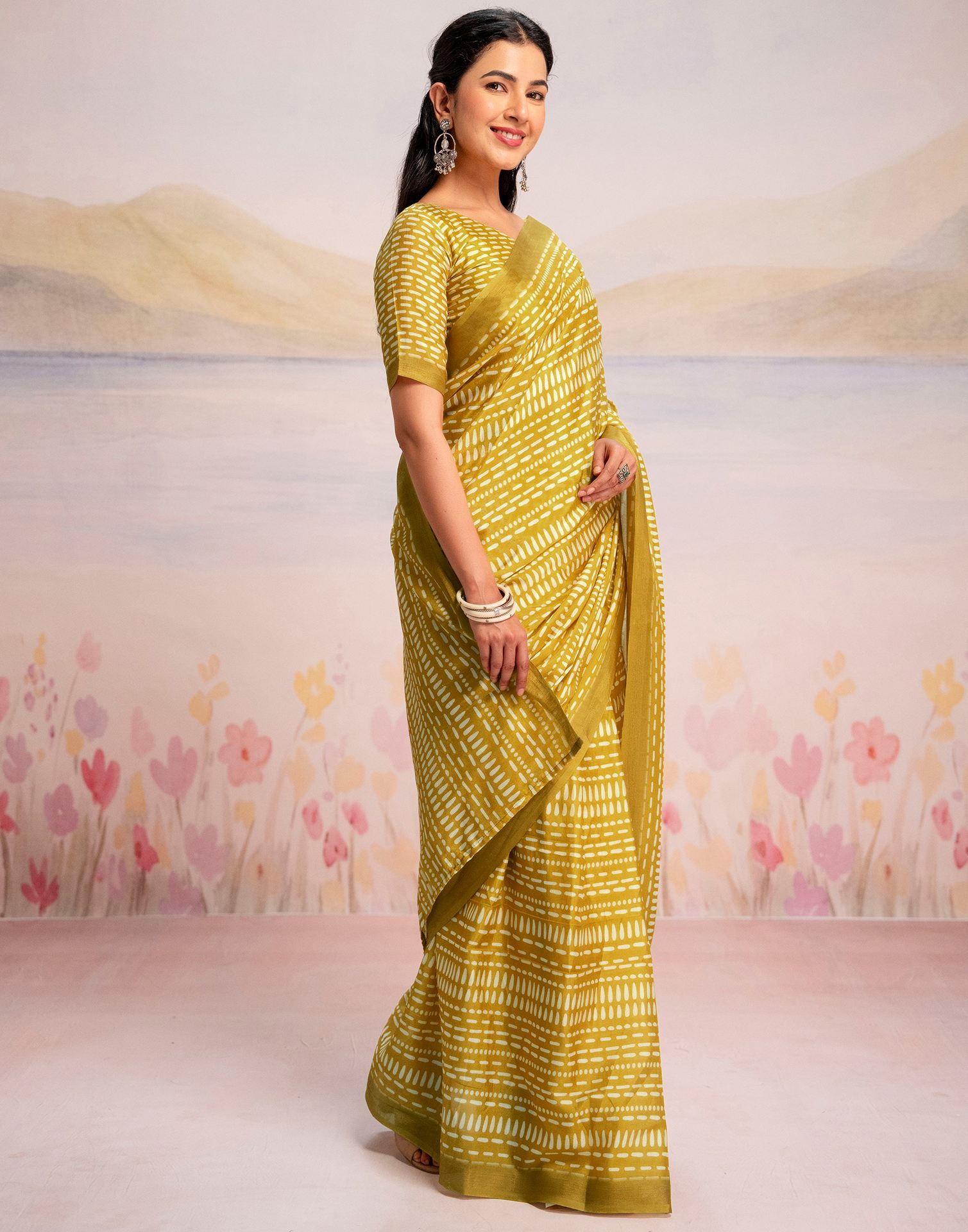 Ready To Wear Lime Yellow Linen Printed Saree