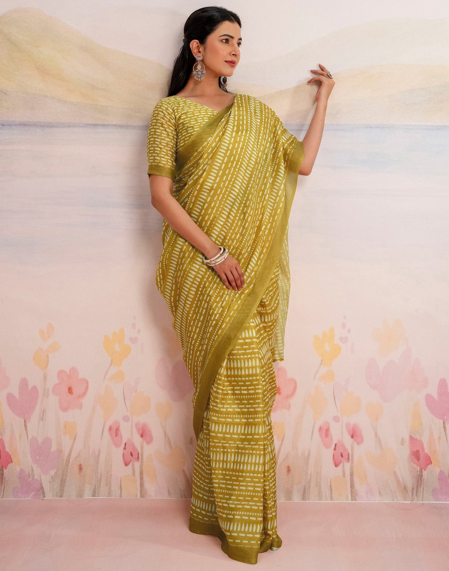 Ready To Wear Lime Yellow Linen Printed Saree