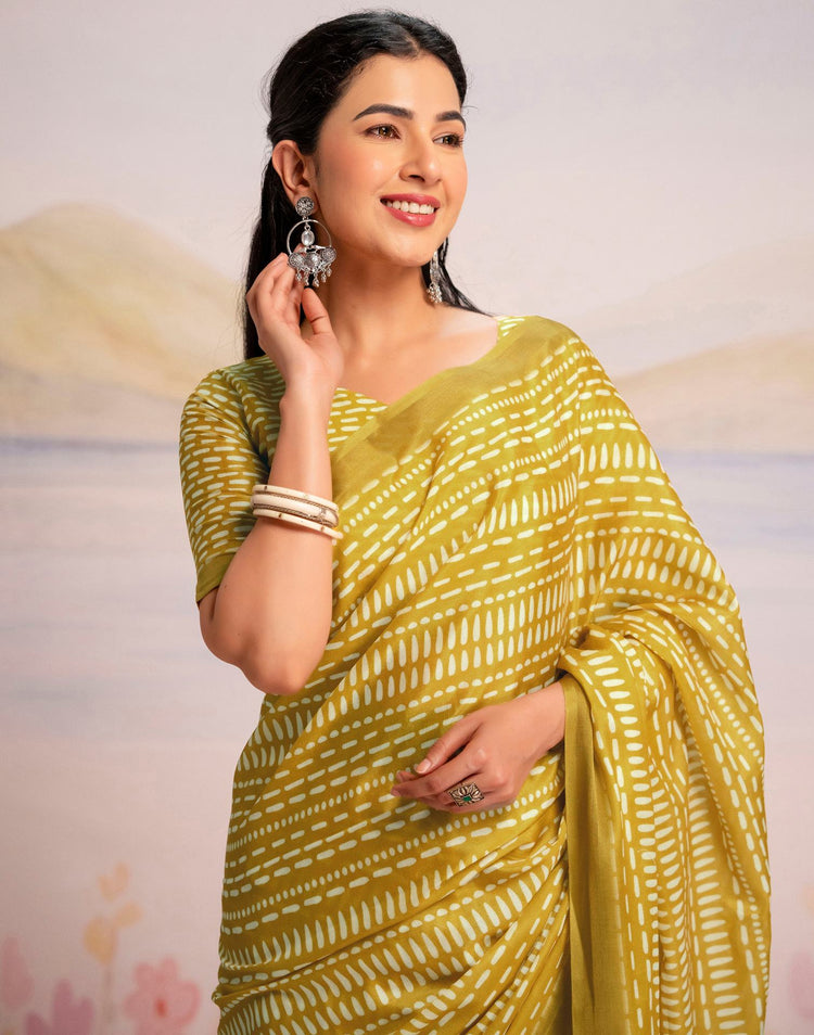 Ready To Wear Lime Yellow Linen Printed Saree