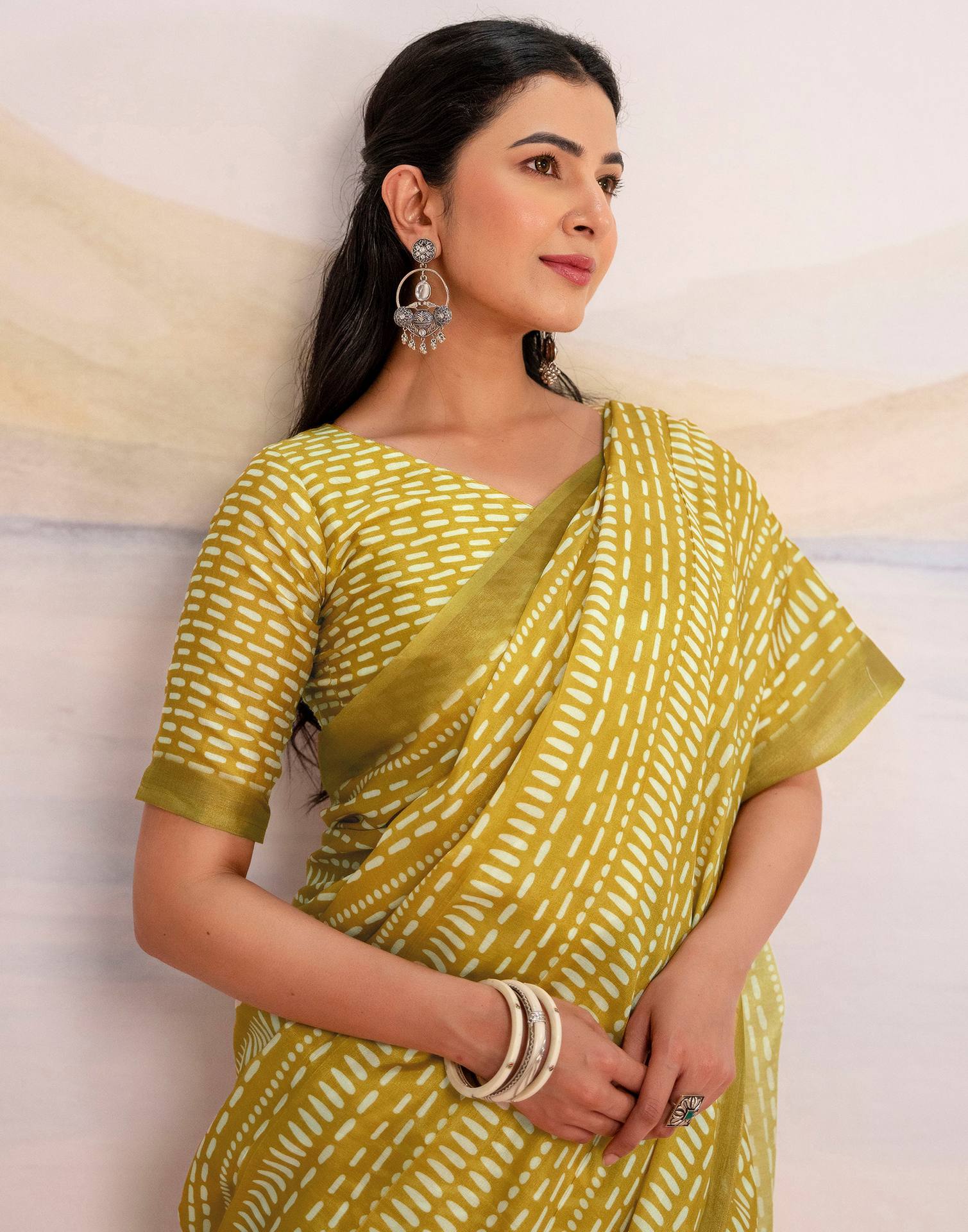 Ready To Wear Lime Yellow Linen Printed Saree