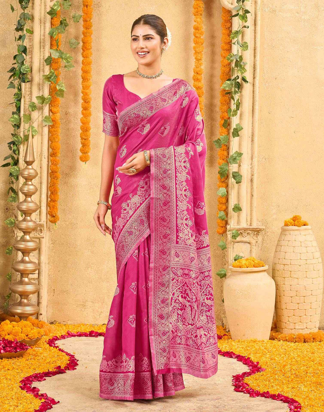 Pink Silk Woven Banarasi Saree