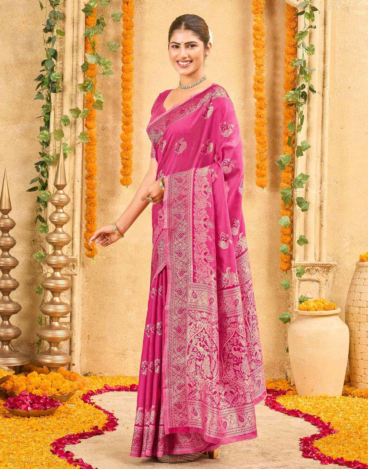 Pink Silk Woven Banarasi Saree