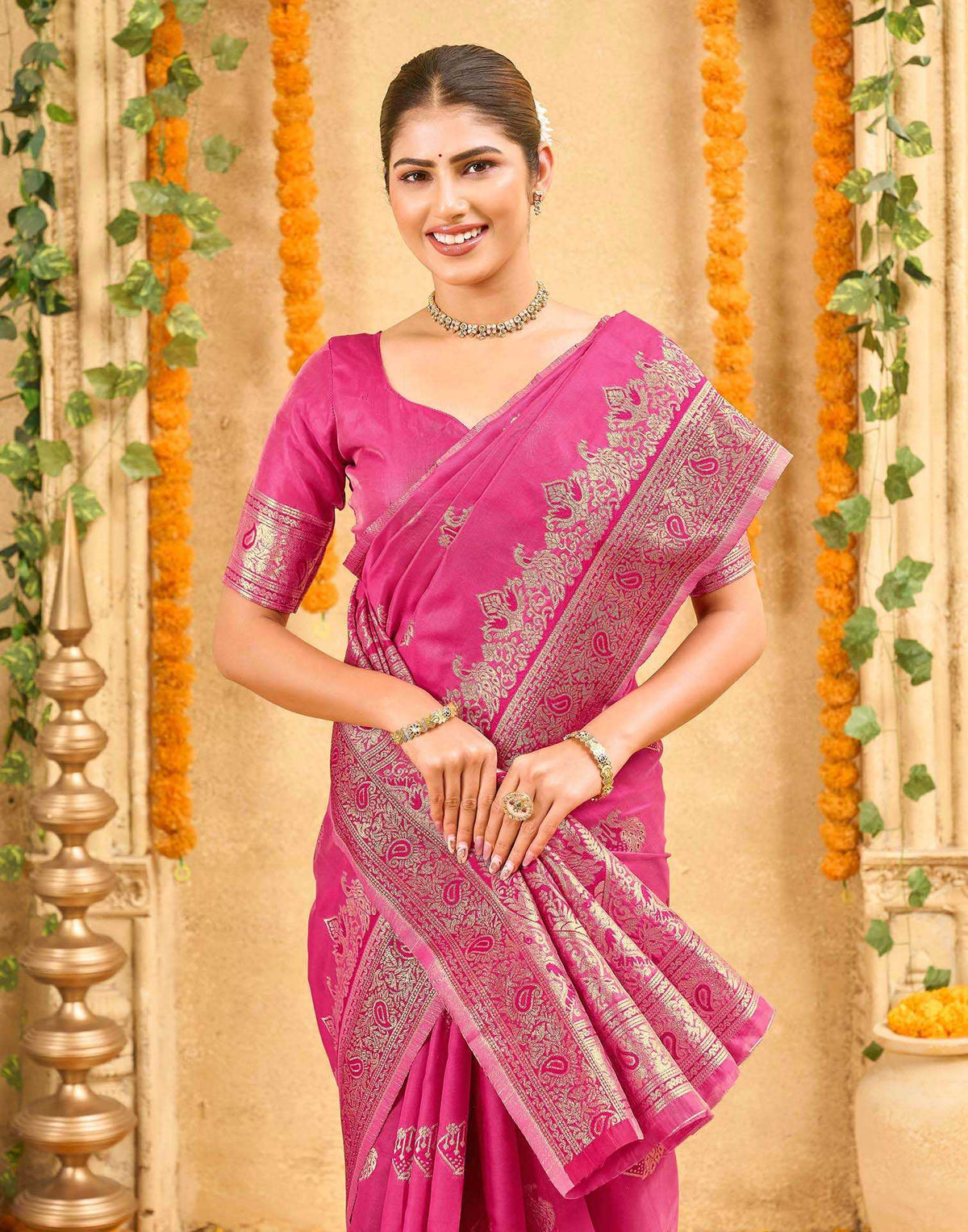 Pink Silk Woven Banarasi Saree