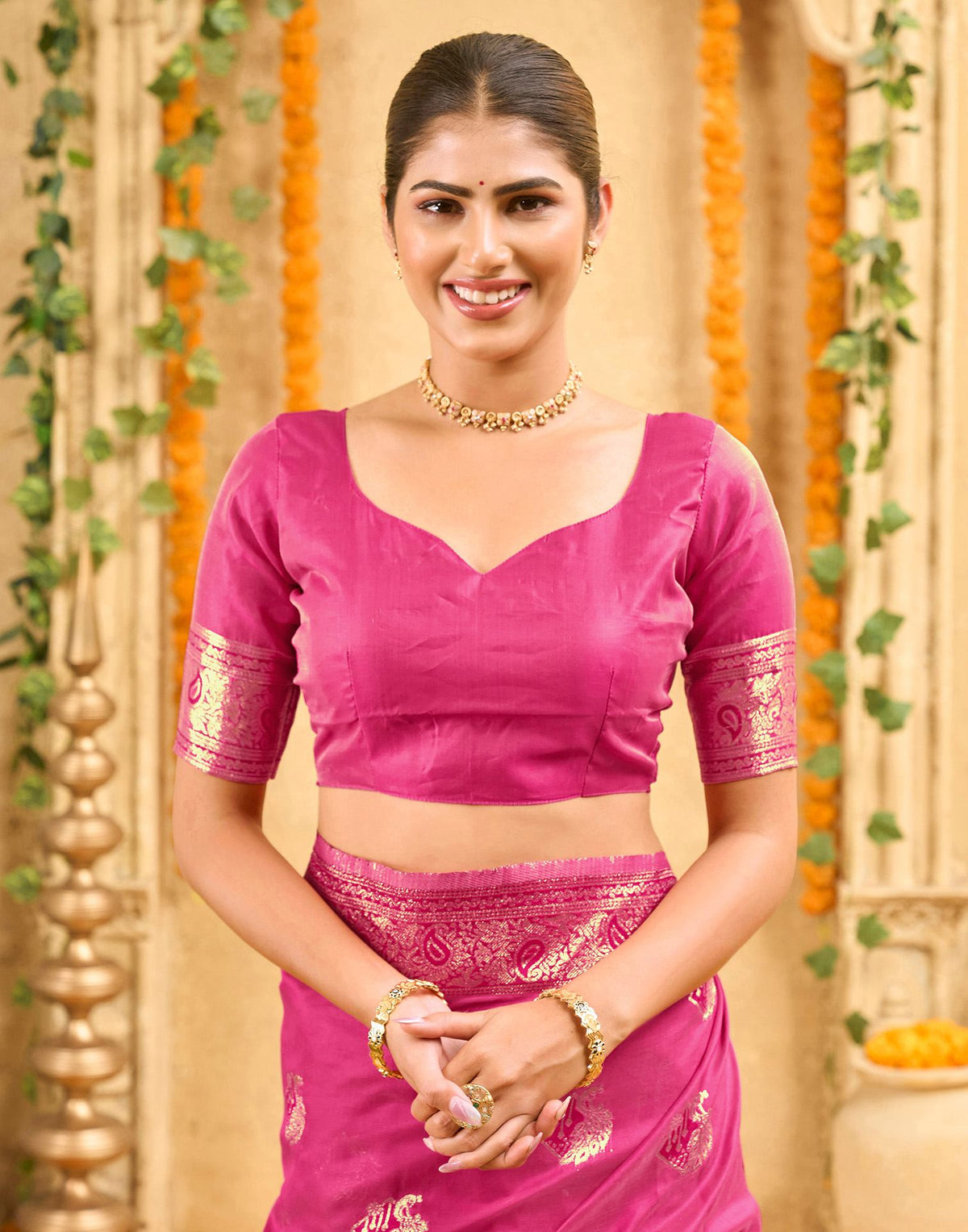 Pink Silk Woven Banarasi Saree