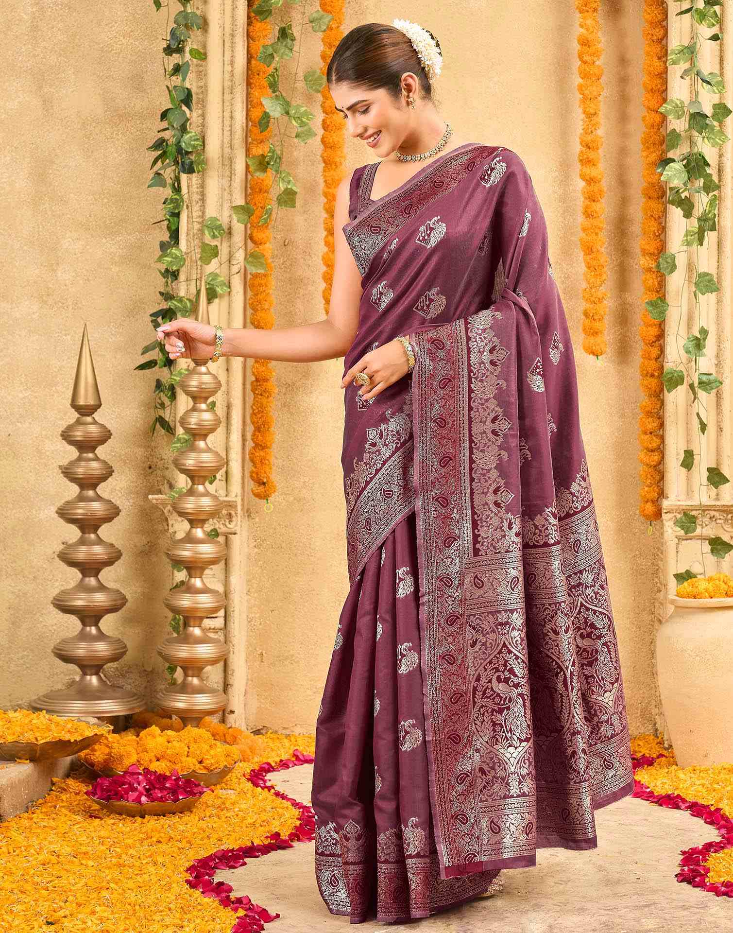 Maroon Silk Woven Banarasi Saree
