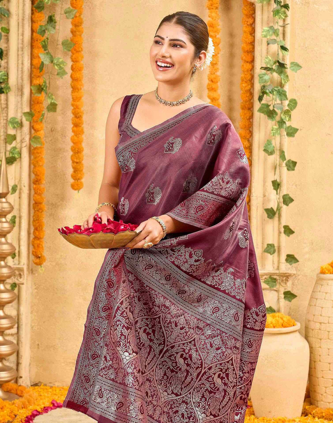 Maroon Silk Woven Banarasi Saree