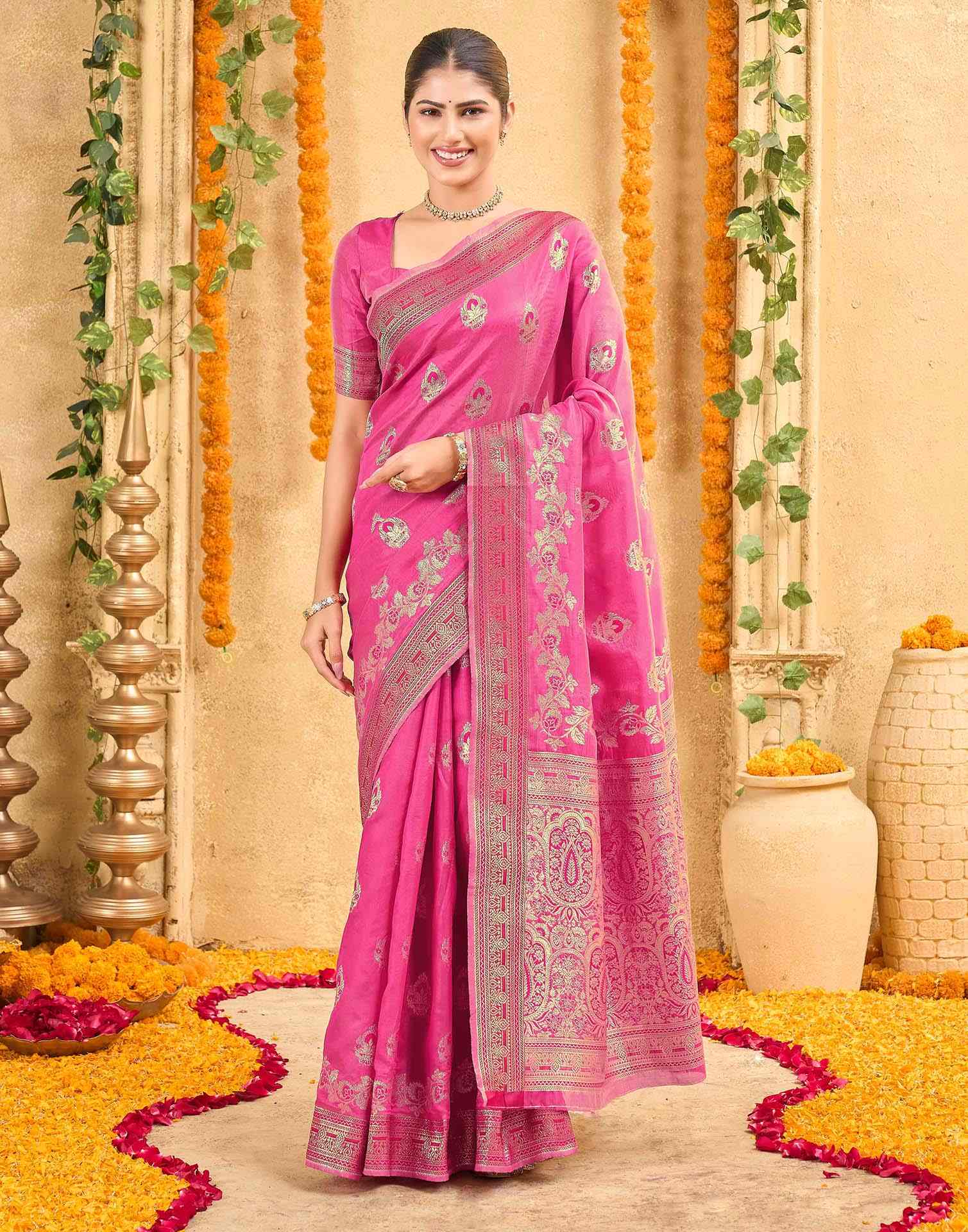 Pink Silk Woven Banarasi Saree