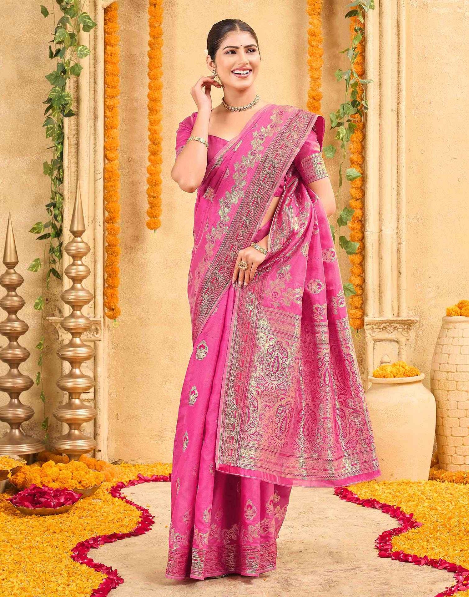 Pink Silk Woven Banarasi Saree
