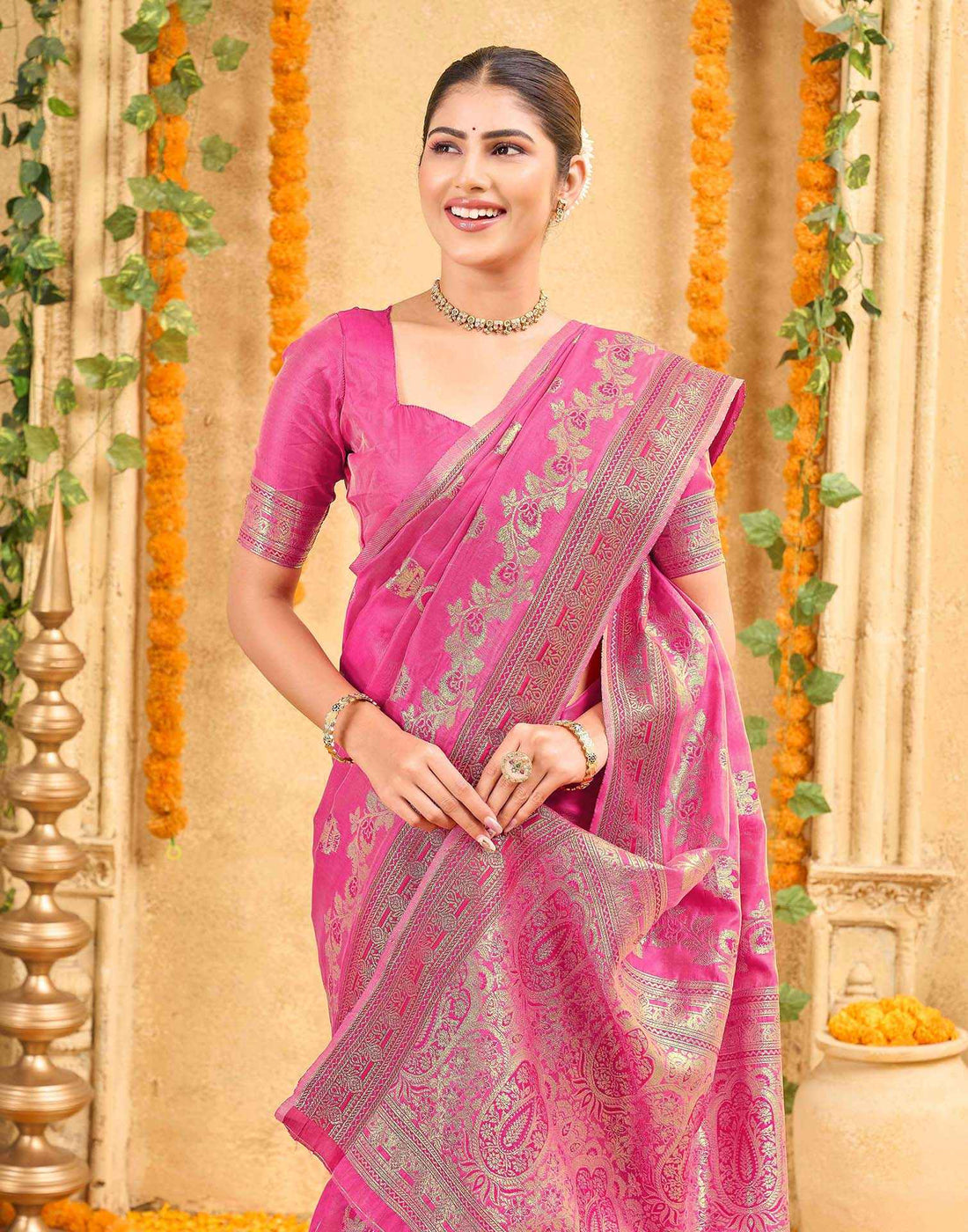 Pink Silk Woven Banarasi Saree