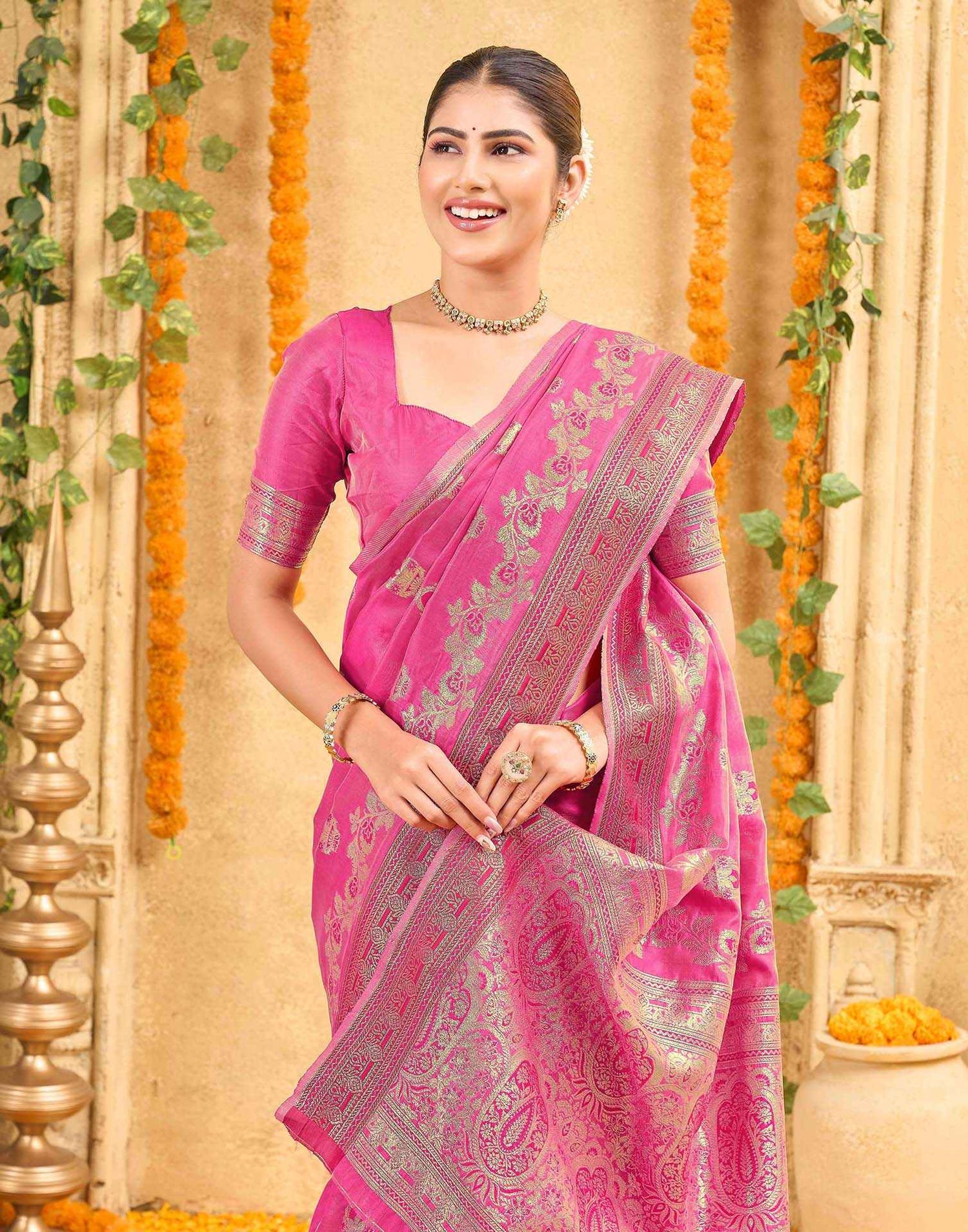 Pink Silk Woven Banarasi Saree