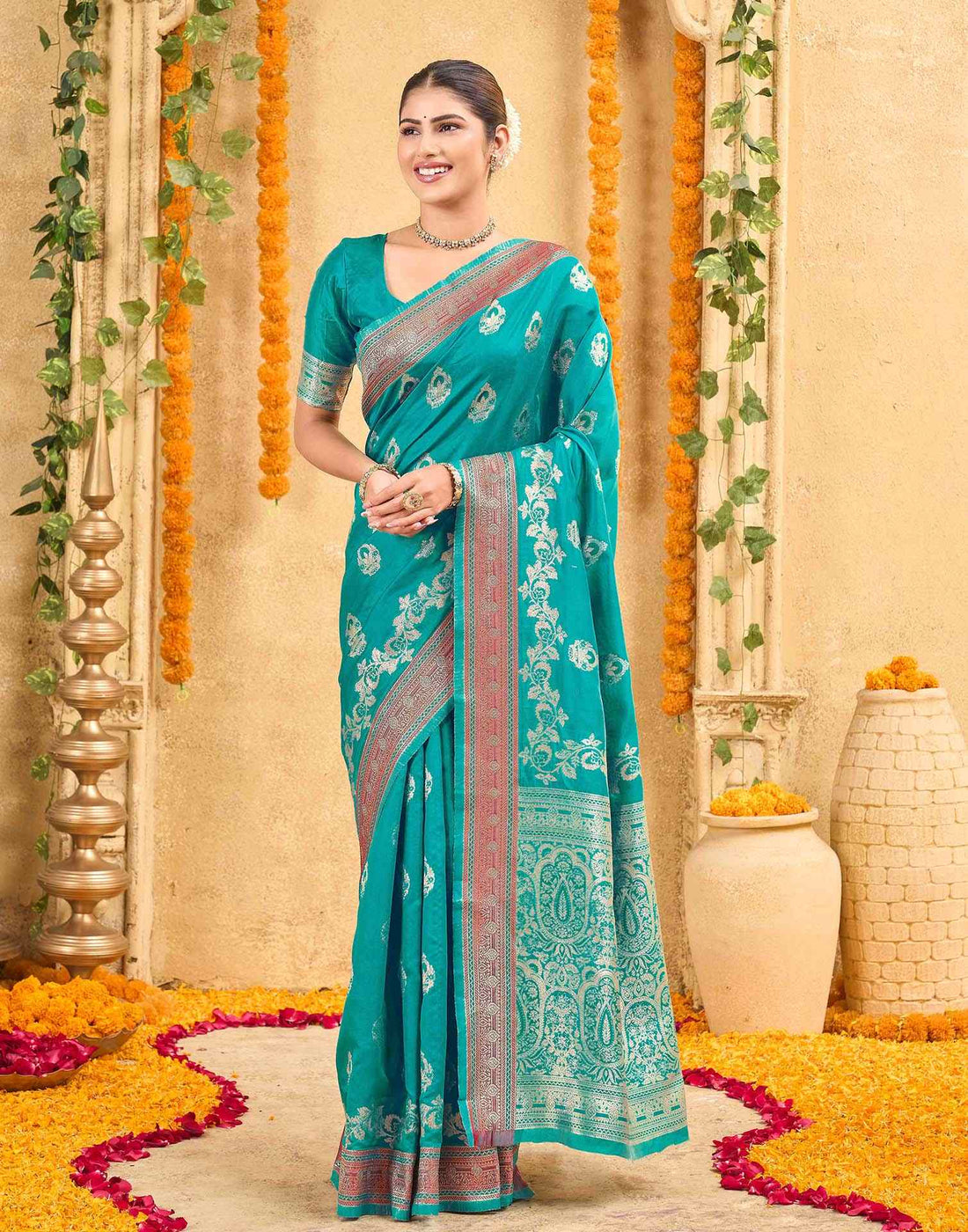 Teal Green Silk Woven Banarasi Saree