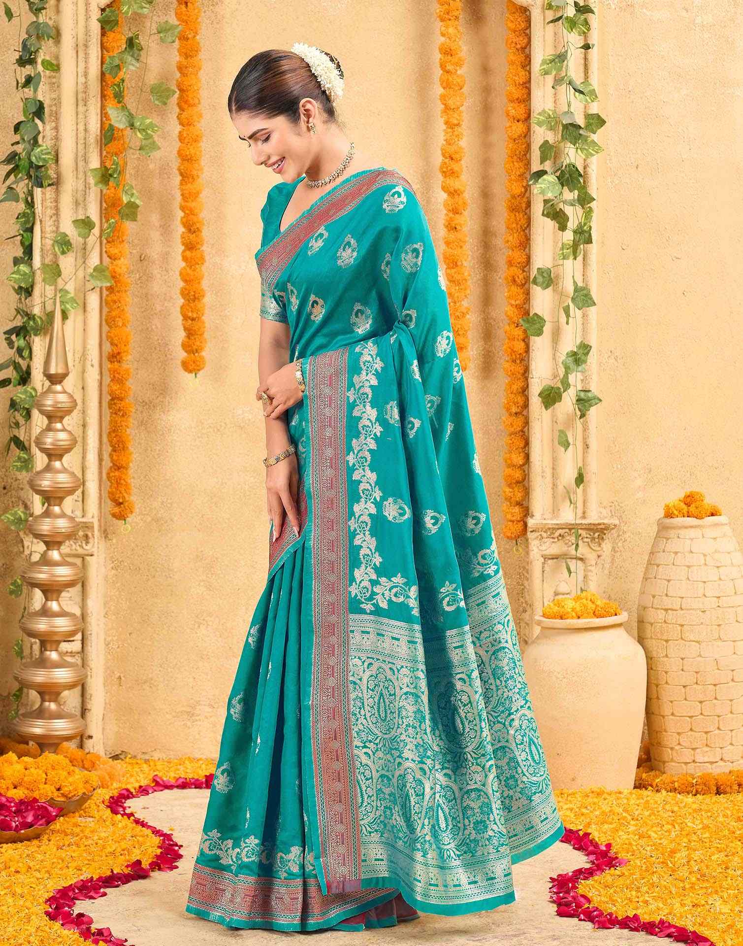 Teal Green Silk Woven Banarasi Saree