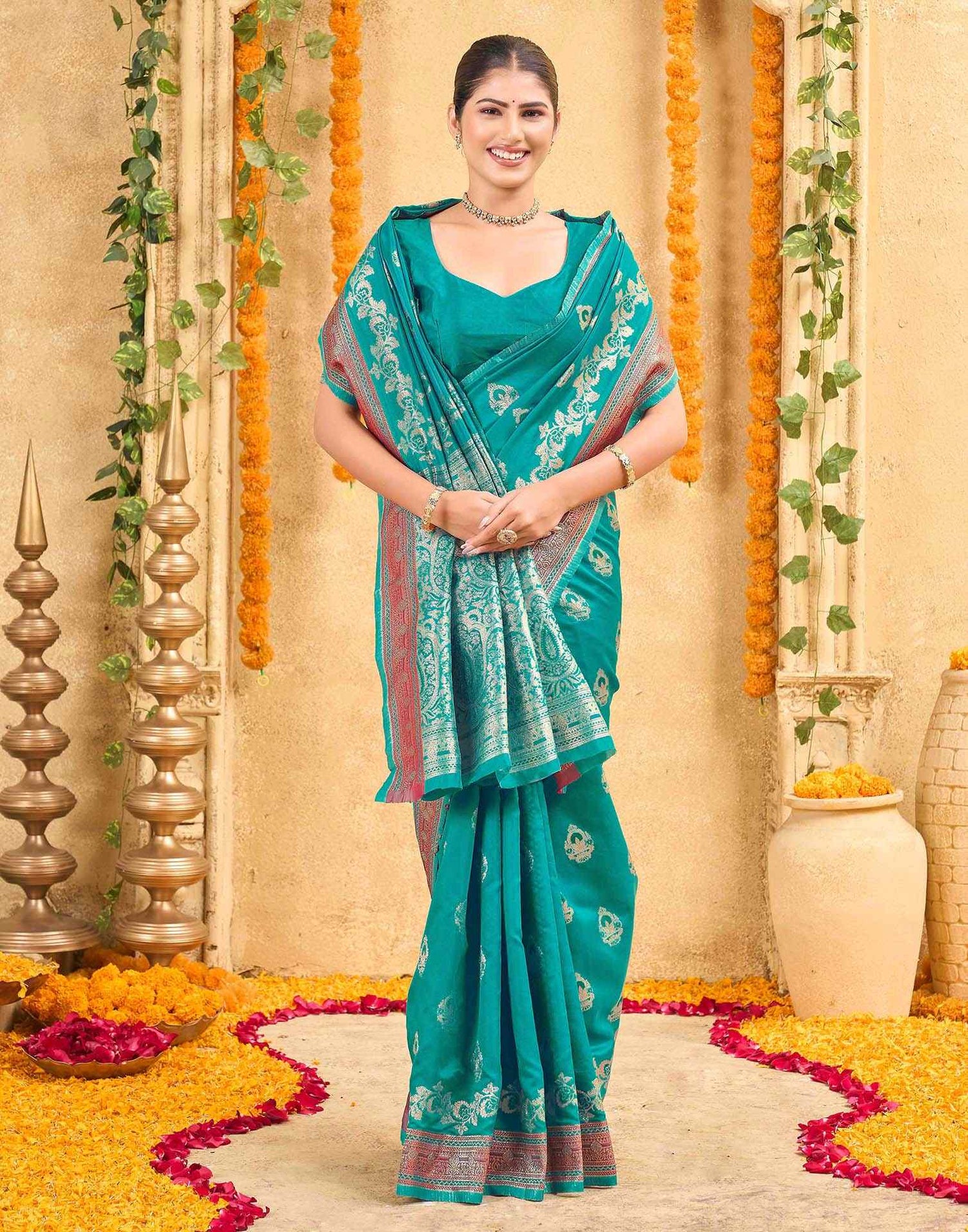 Teal Green Silk Woven Banarasi Saree