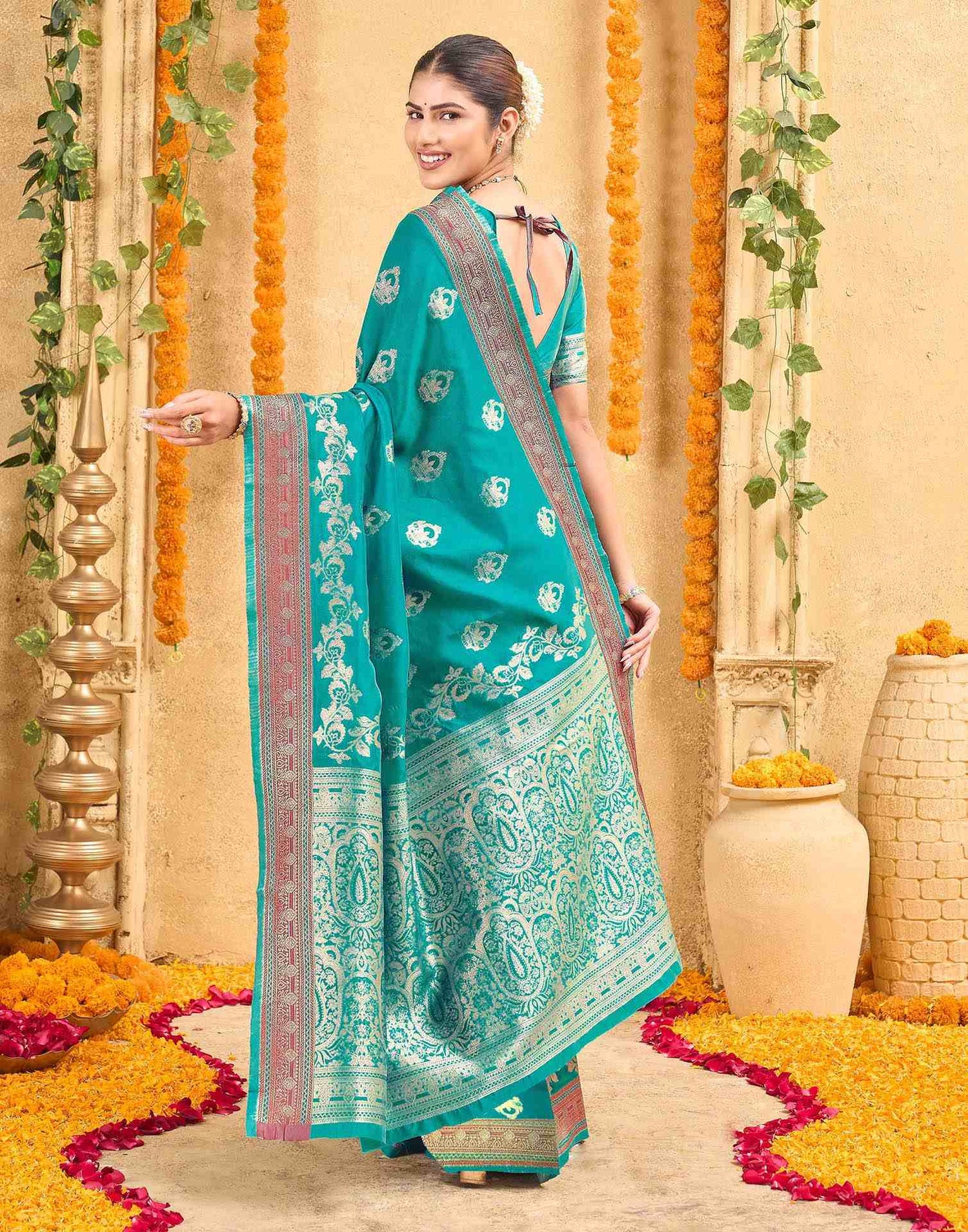 Teal Green Silk Woven Banarasi Saree