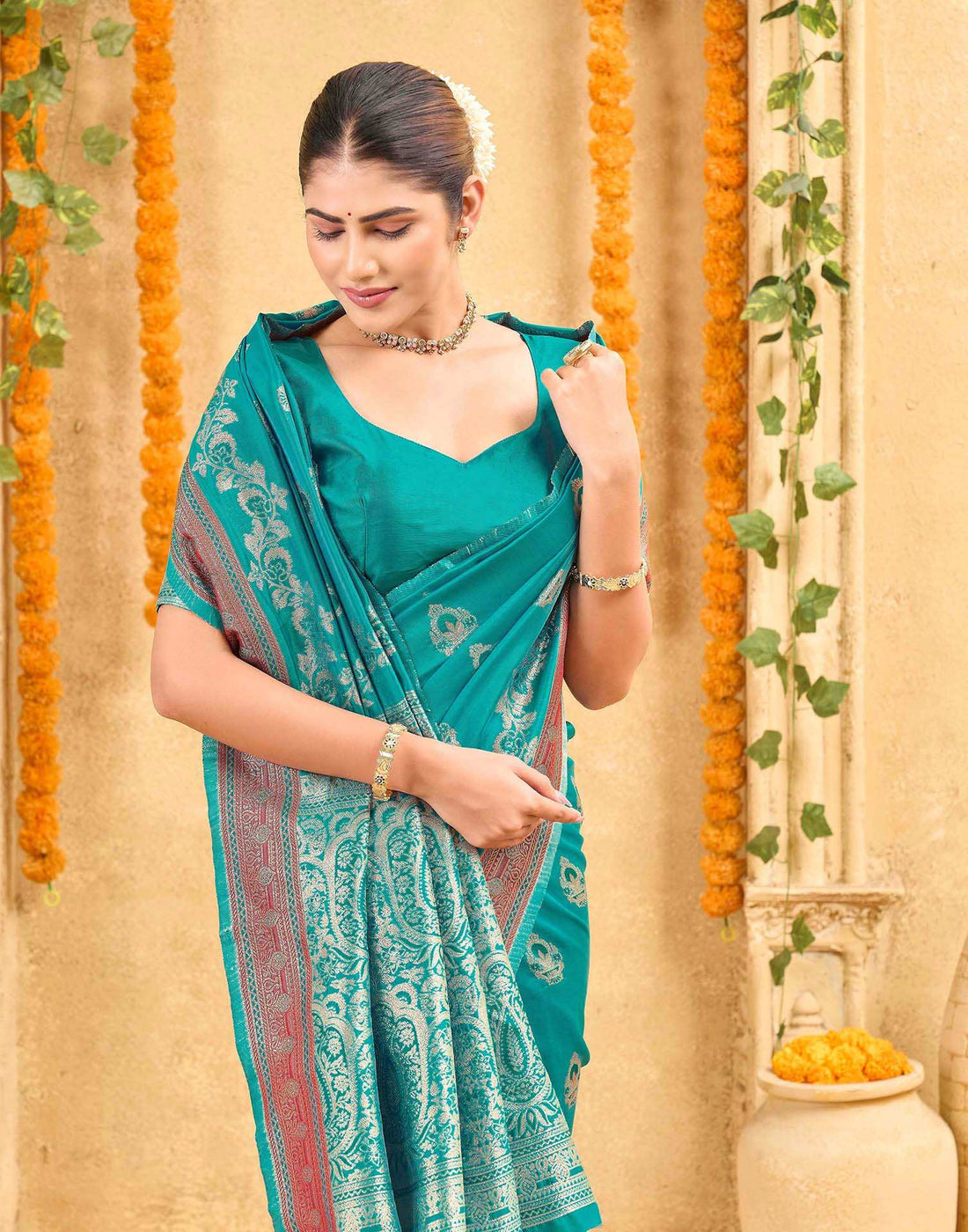 Teal Green Silk Woven Banarasi Saree