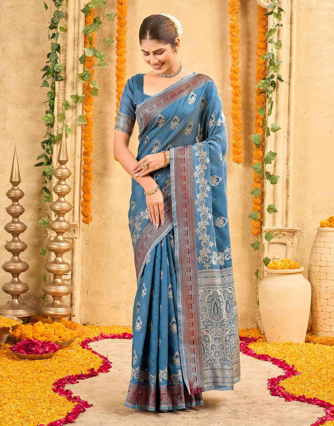 Teal Blue Silk Woven Banarasi Saree