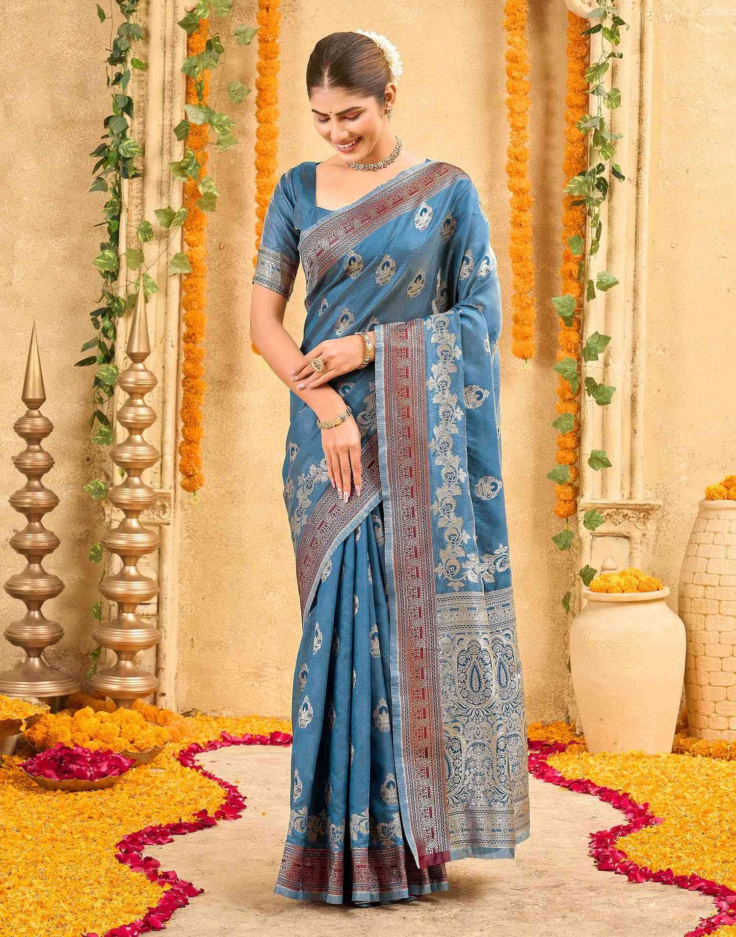 Teal Blue Silk Woven Banarasi Saree