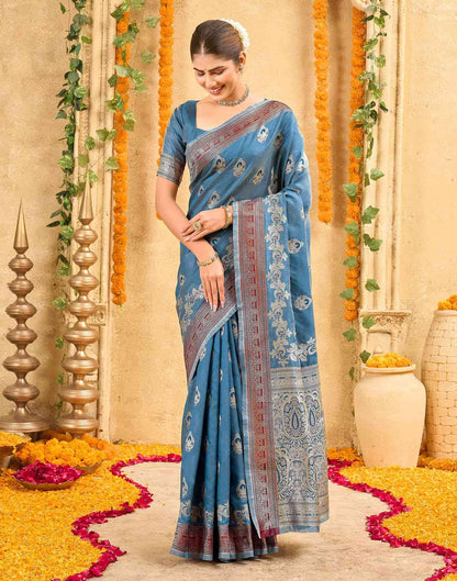 Teal Blue Silk Woven Banarasi Saree