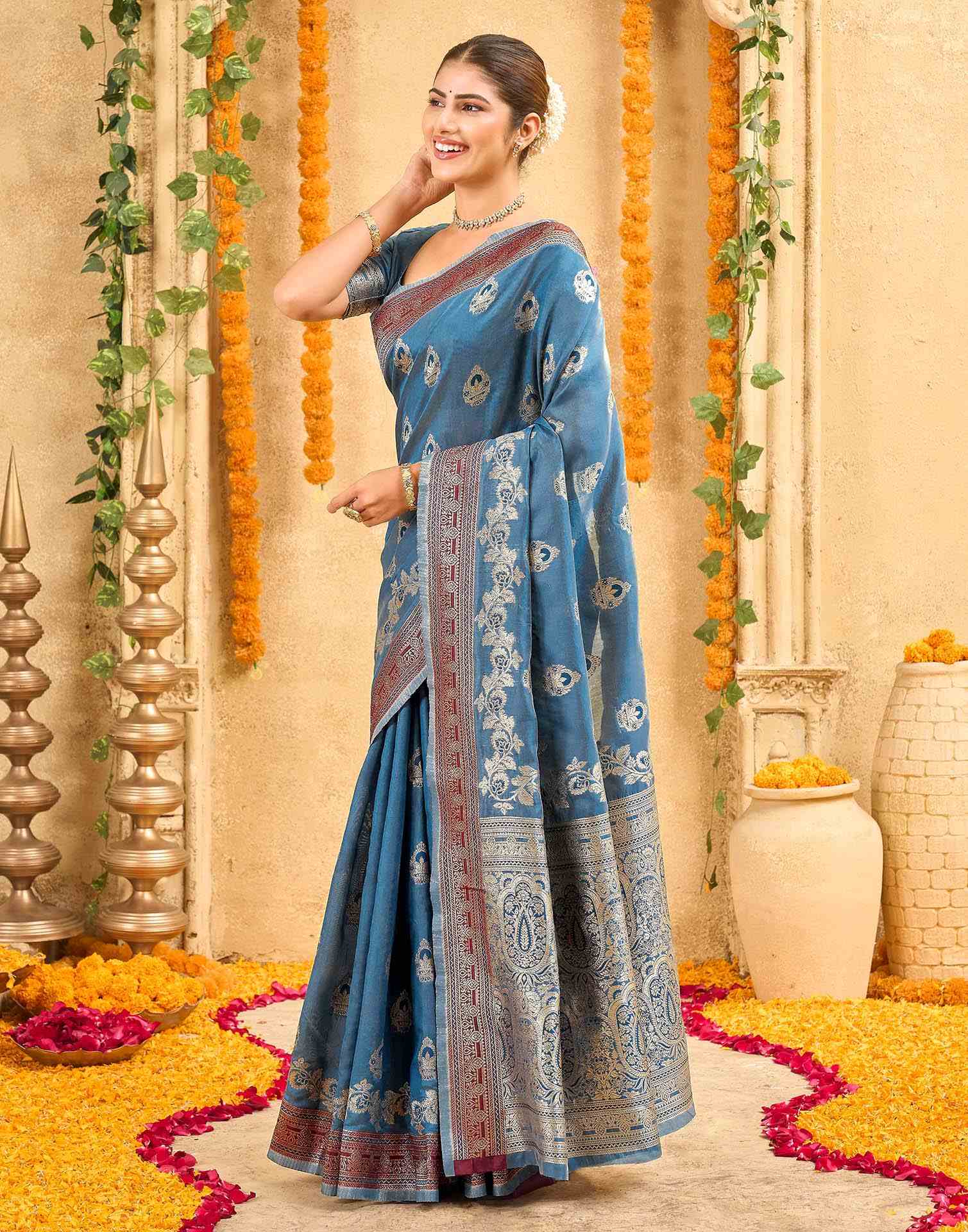 Teal Blue Silk Woven Banarasi Saree