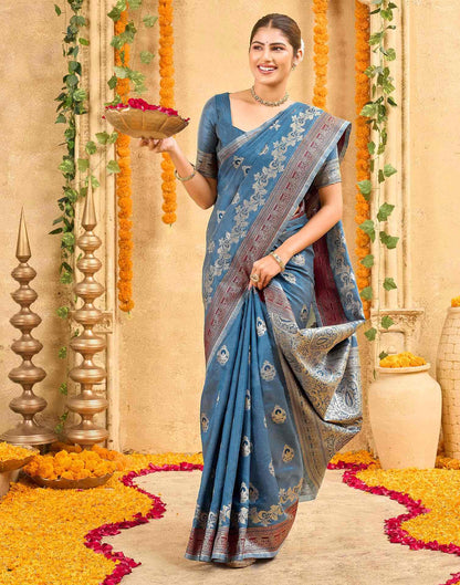 Teal Blue Silk Woven Banarasi Saree