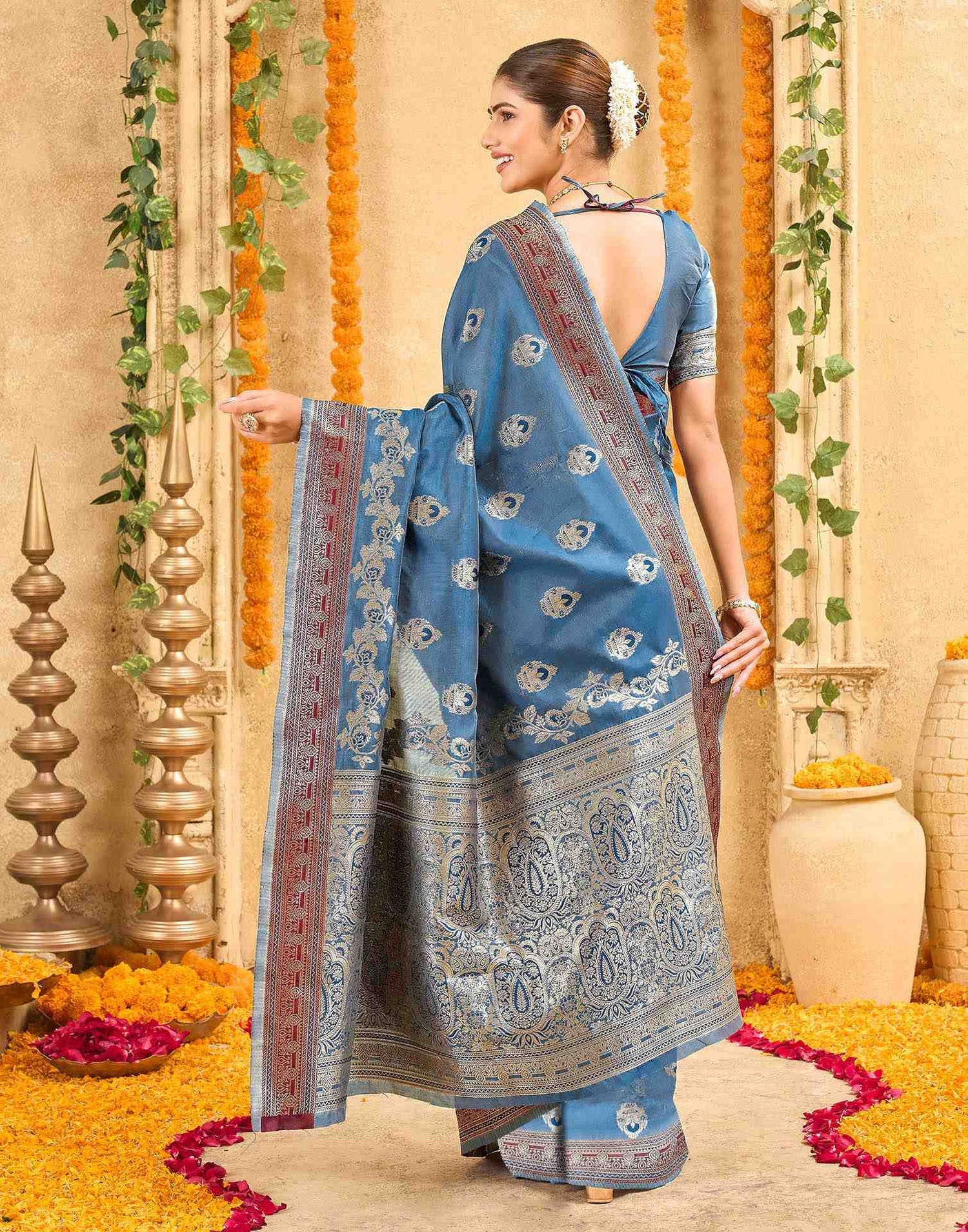 Teal Blue Silk Woven Banarasi Saree