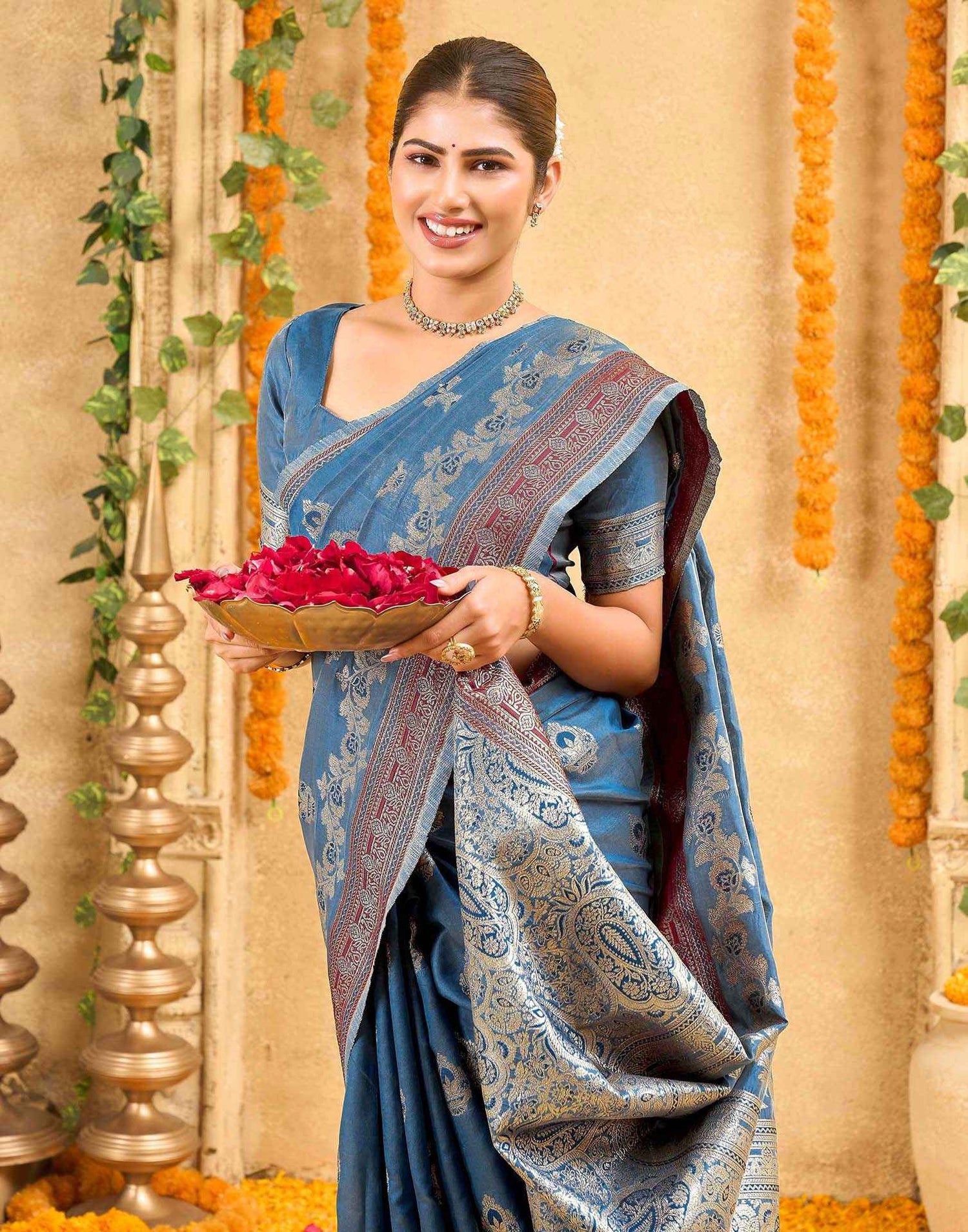 Teal Blue Silk Woven Banarasi Saree