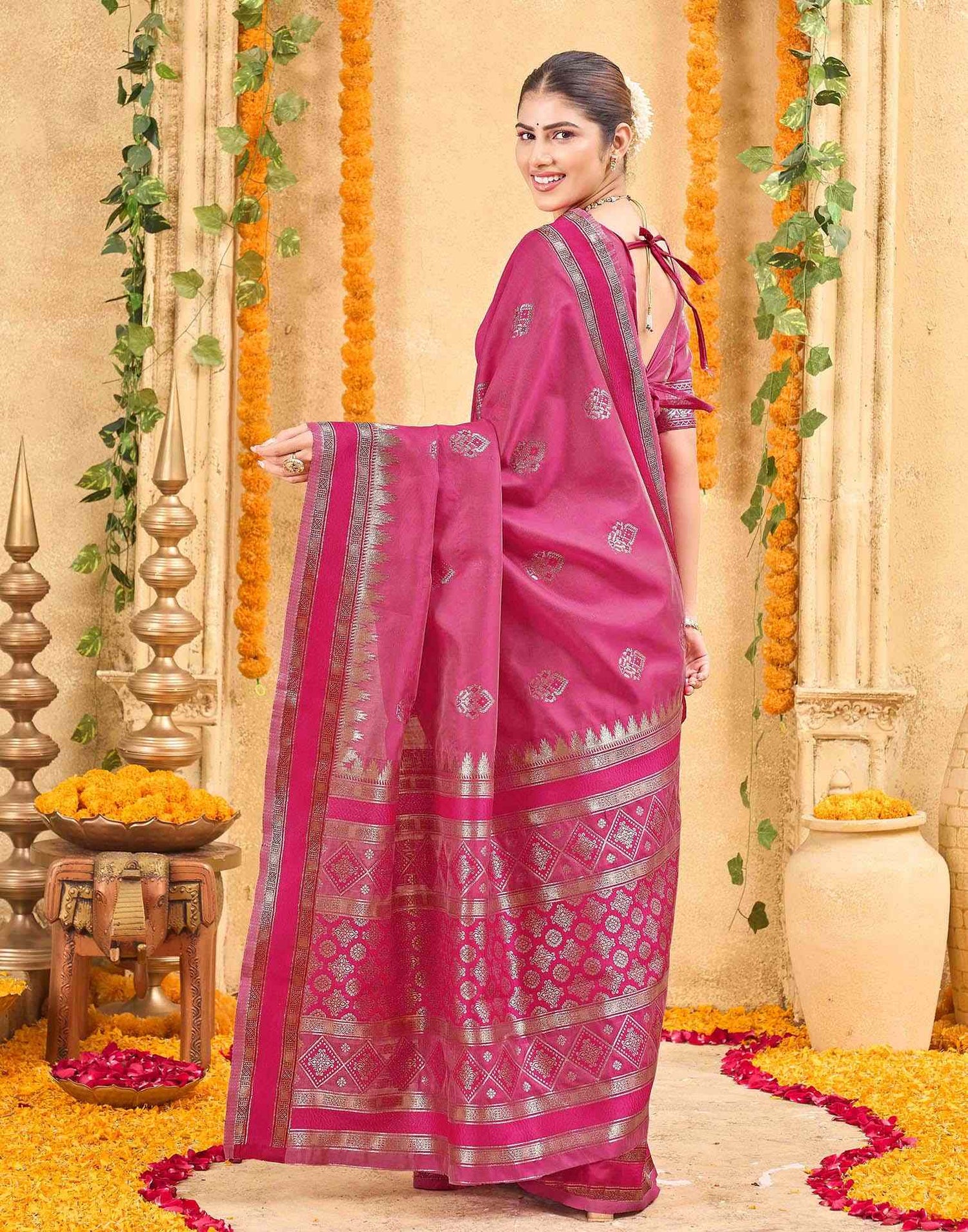 Pink Silk Woven Banarasi Saree