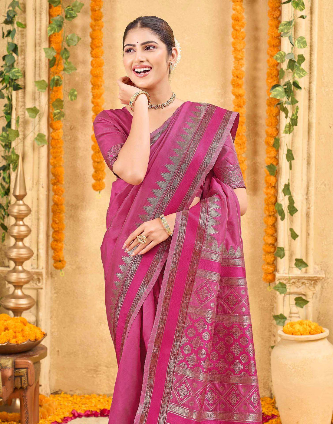 Pink Silk Woven Banarasi Saree