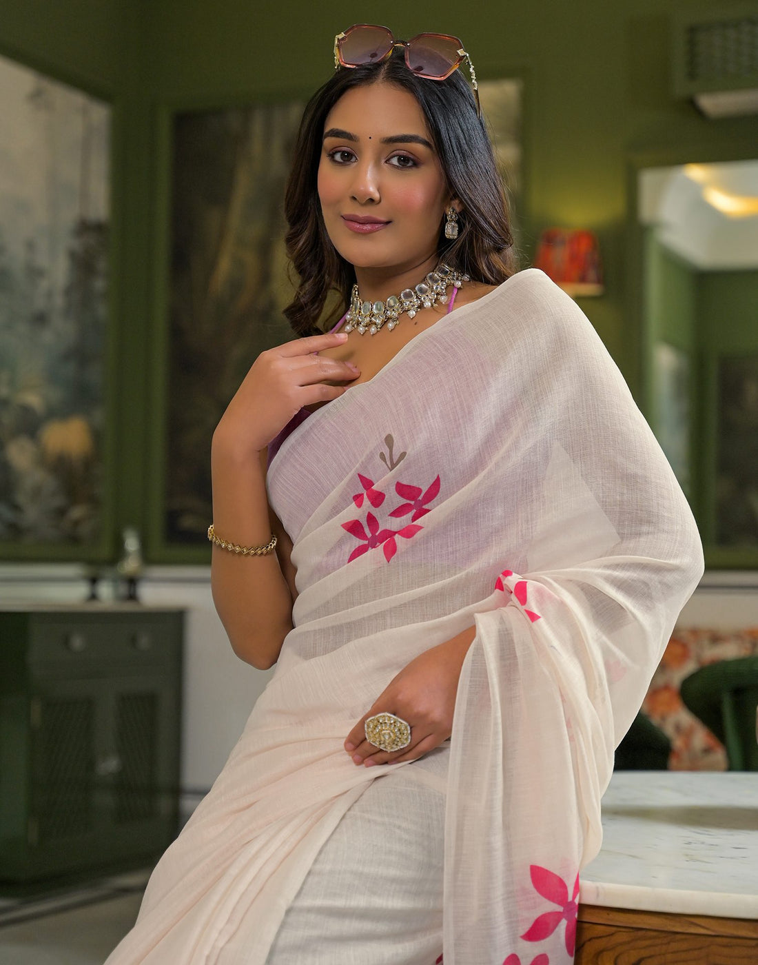 Beige Linen Floral Printed Saree