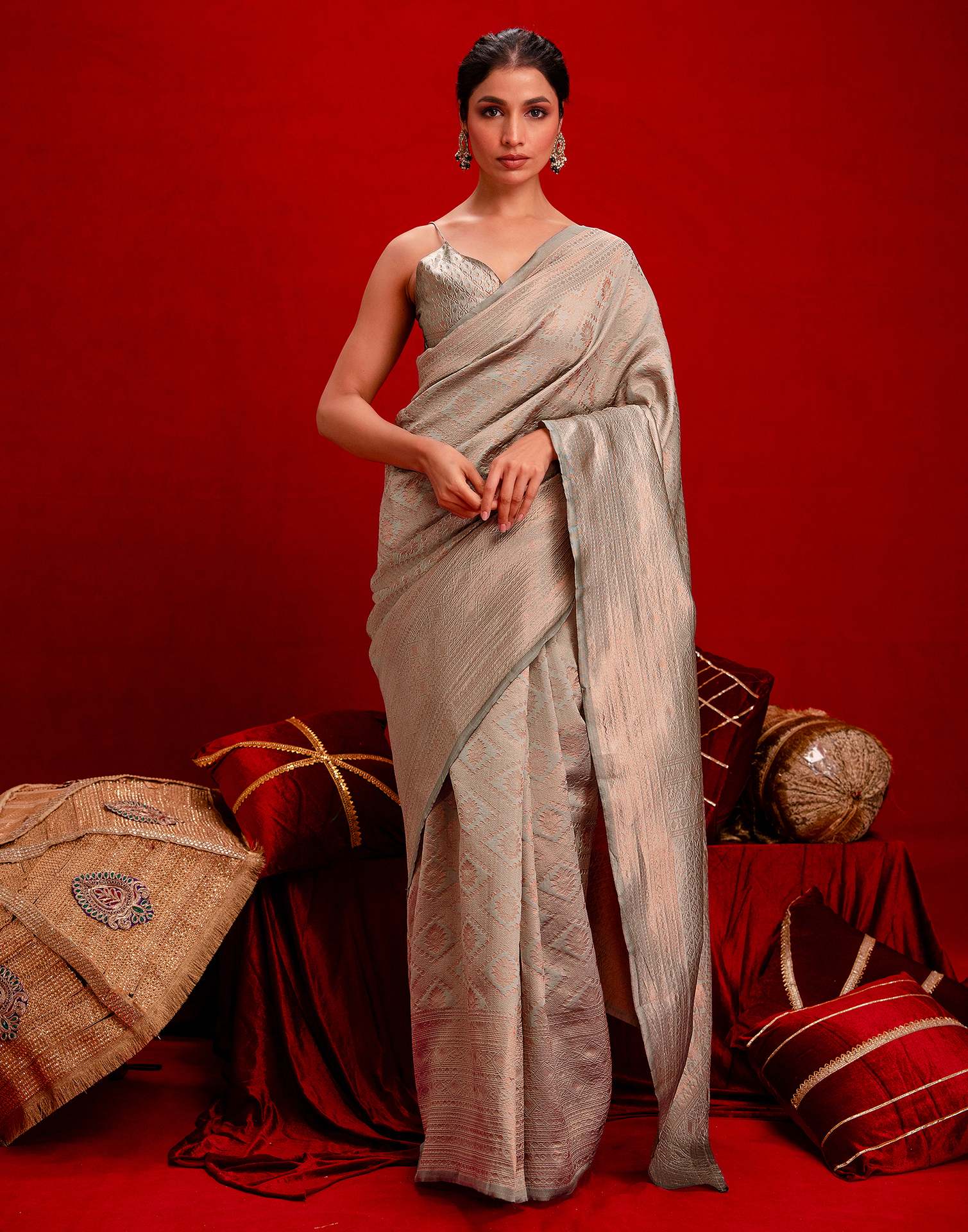 Grey Silk Woven Banarasi Saree