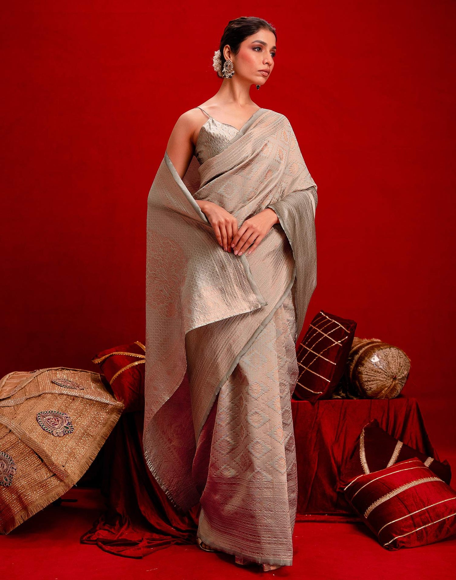 Grey Silk Woven Banarasi Saree
