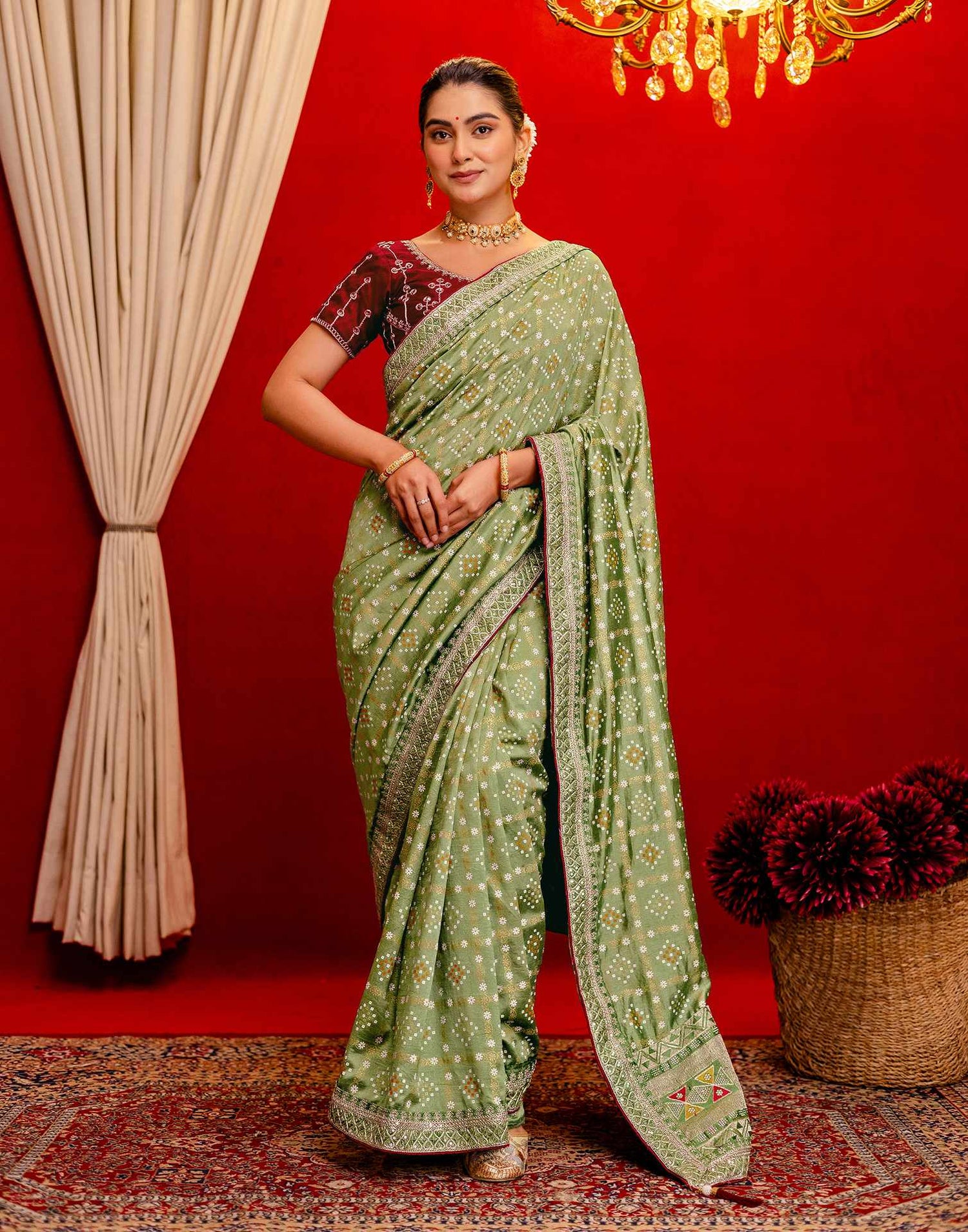 Light Mehandi Green Silk Bandhani Printed Saree