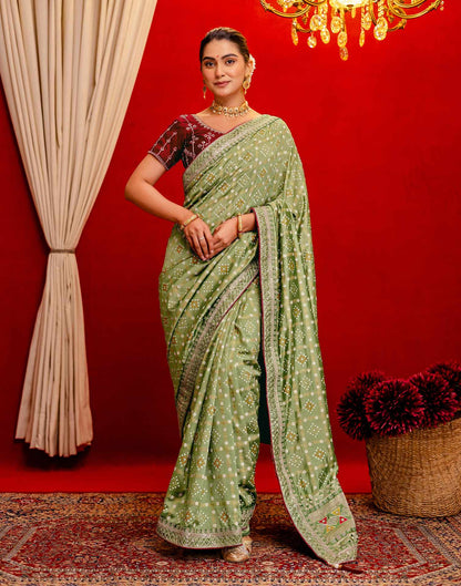 Light Mehandi Green Silk Bandhani Printed Saree