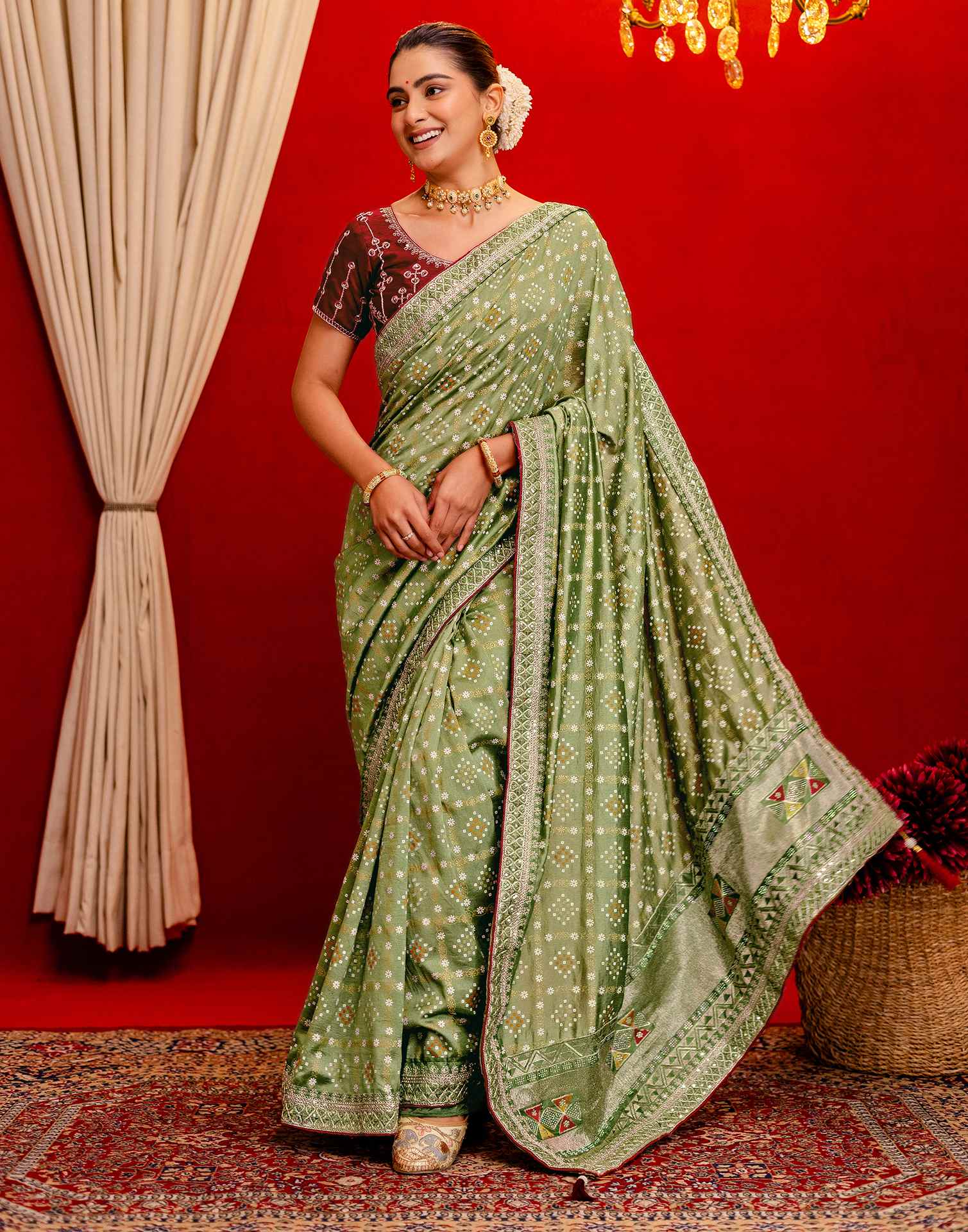 Light Mehandi Green Silk Bandhani Printed Saree