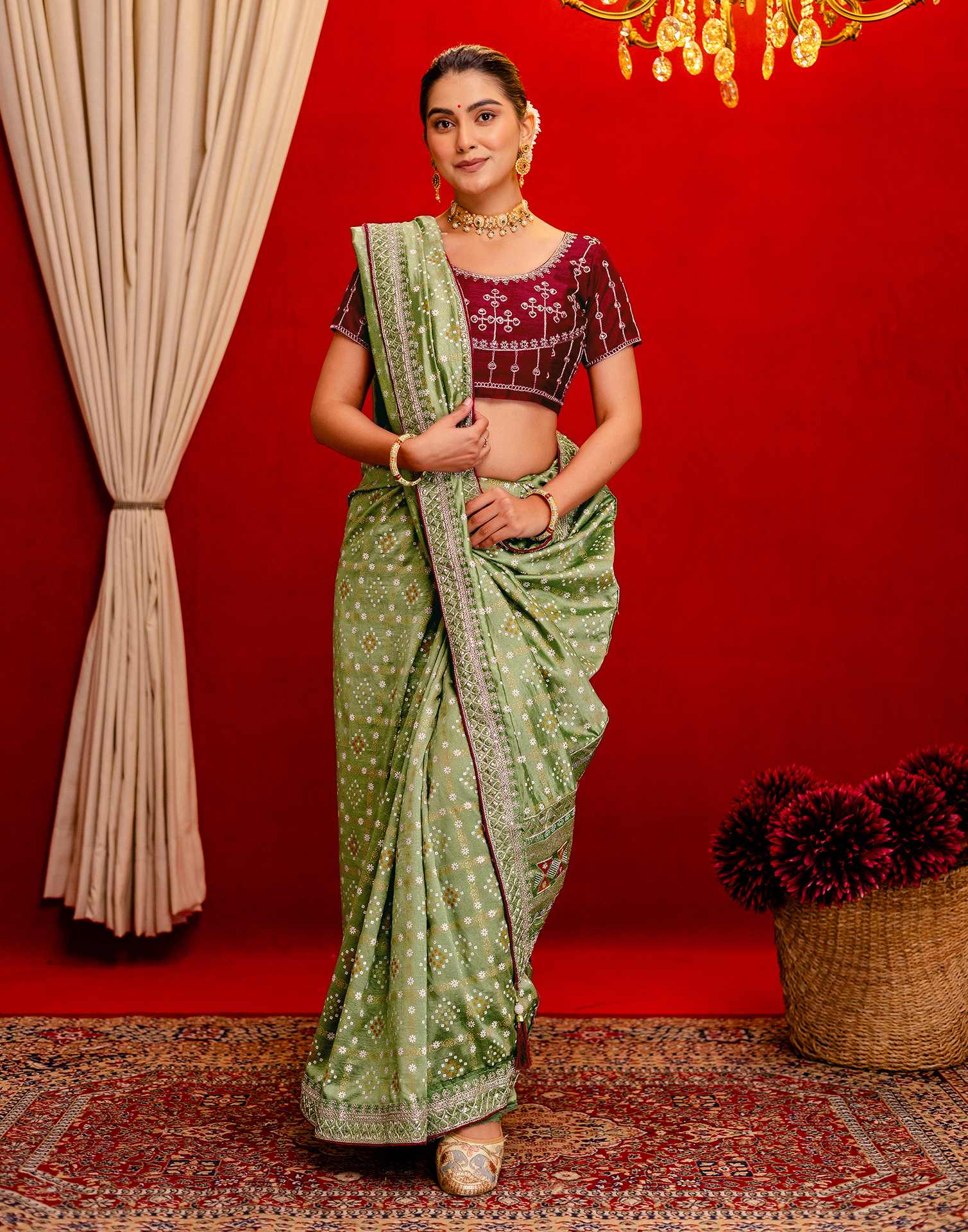Light Mehandi Green Silk Bandhani Printed Saree