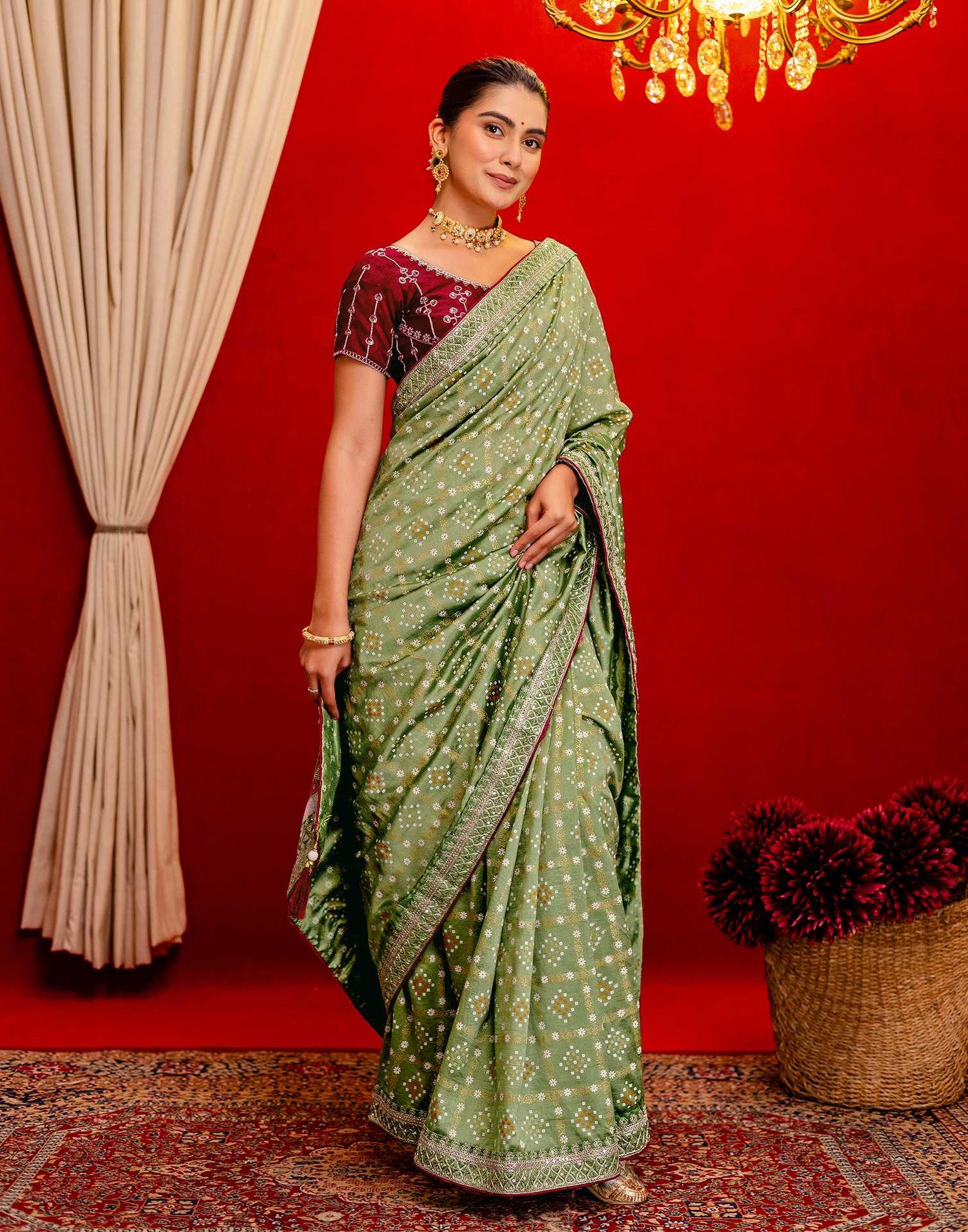 Light Mehandi Green Silk Bandhani Printed Saree