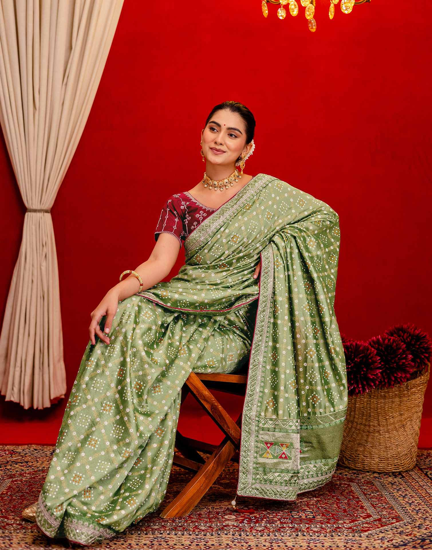 Light Mehandi Green Silk Bandhani Printed Saree