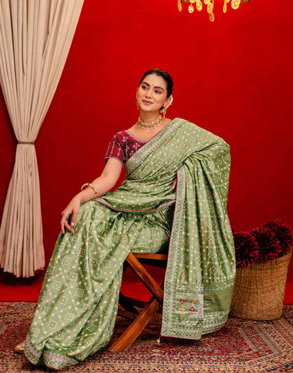 Light Mehandi Green Silk Bandhani Printed Saree