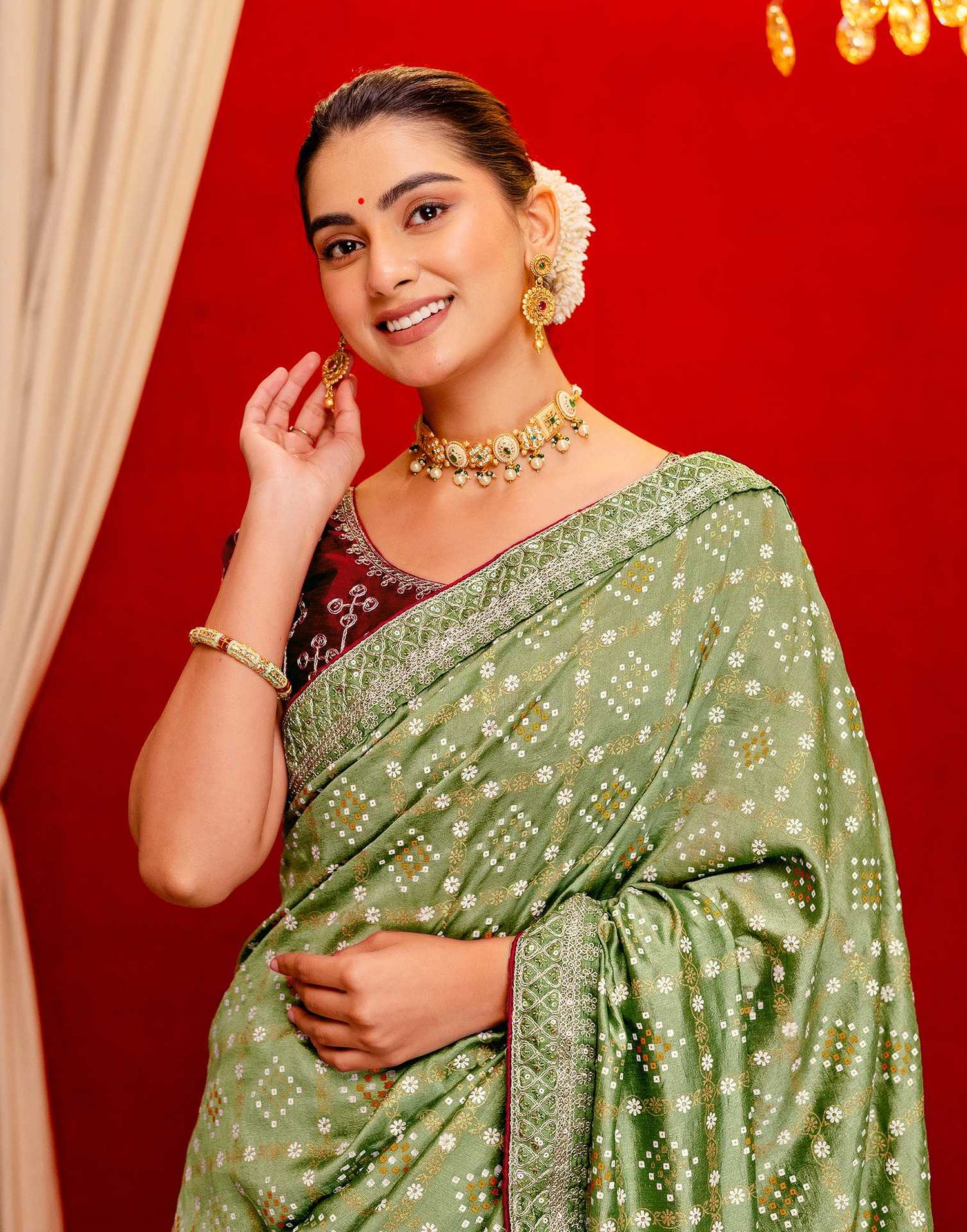 Light Mehandi Green Silk Bandhani Printed Saree