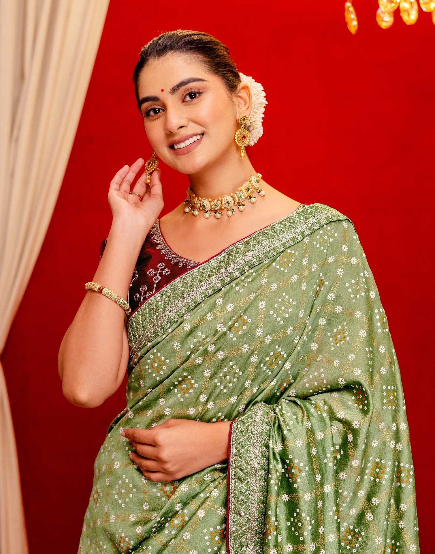 Light Mehandi Green Silk Bandhani Printed Saree