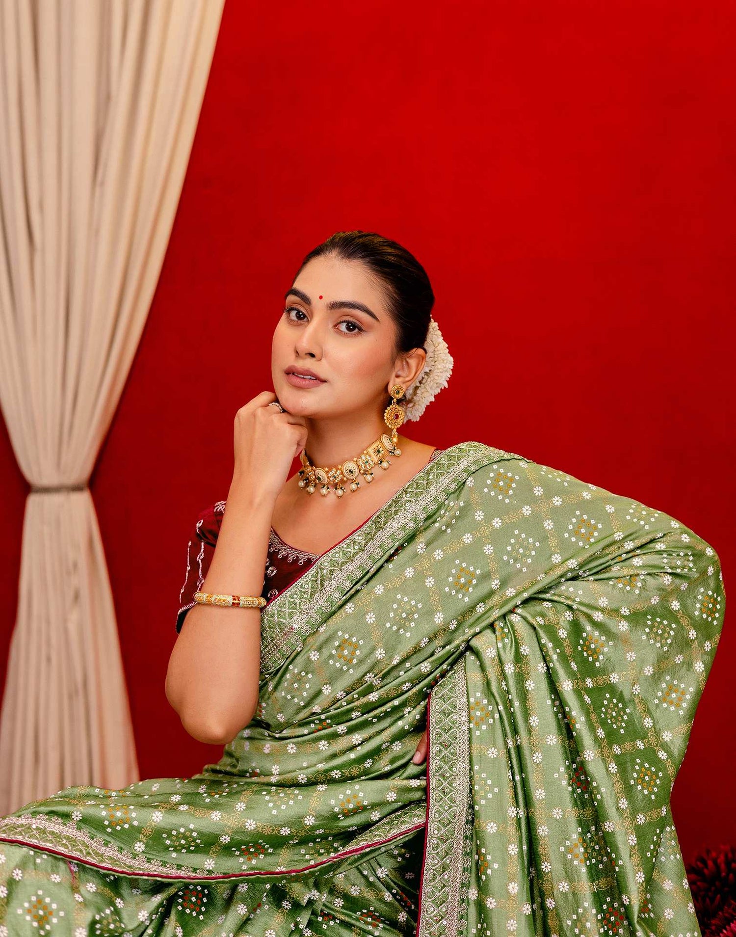 Light Mehandi Green Silk Bandhani Printed Saree