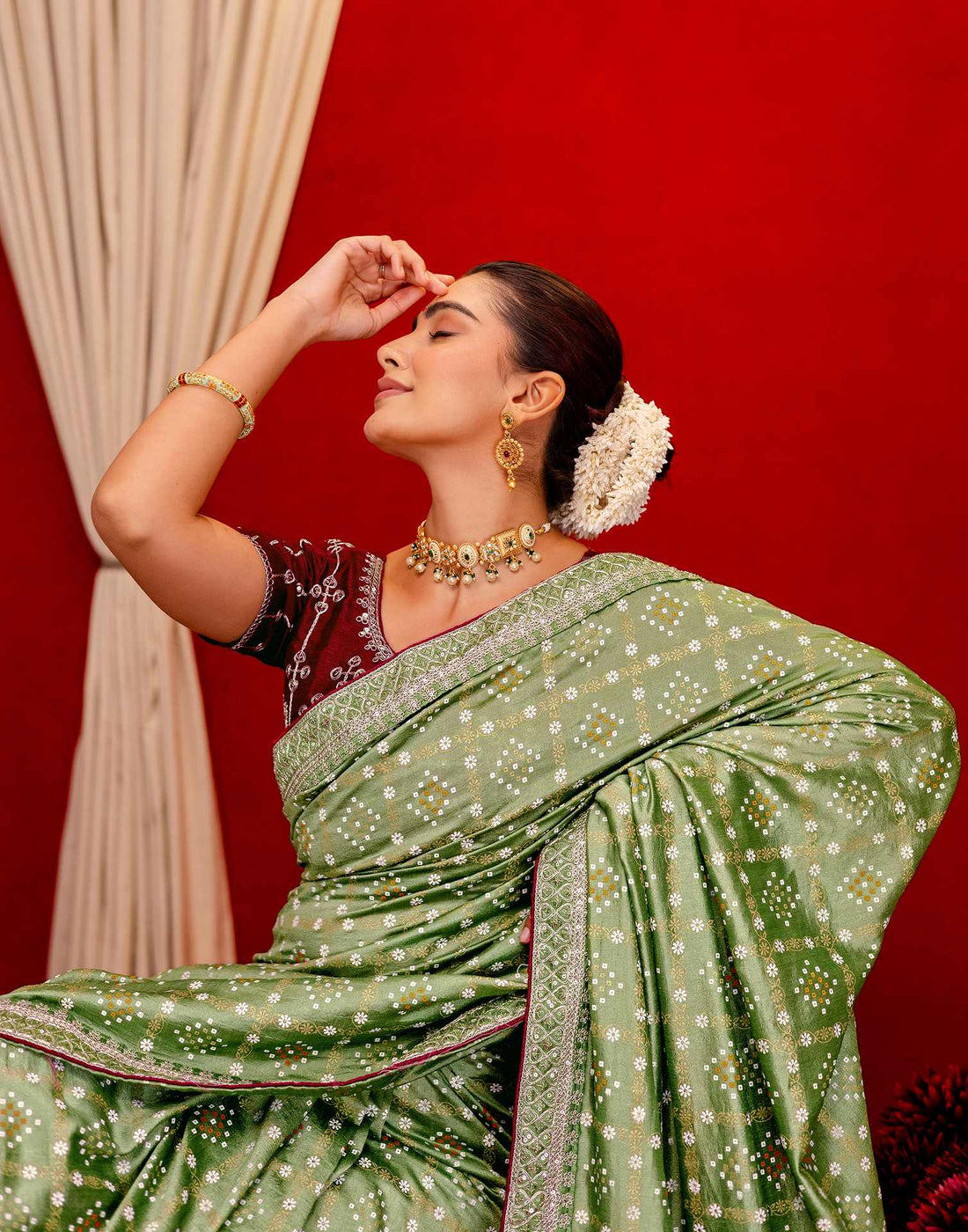 Light Mehandi Green Silk Bandhani Printed Saree