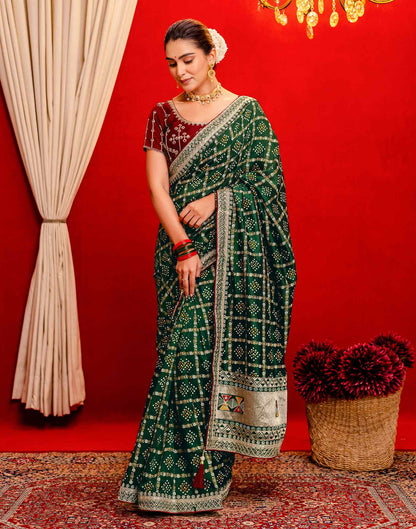 Dark Green Silk Bandhani Printed Saree