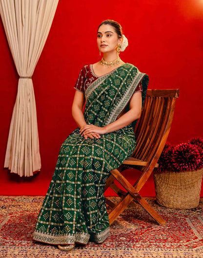 Dark Green Silk Bandhani Printed Saree