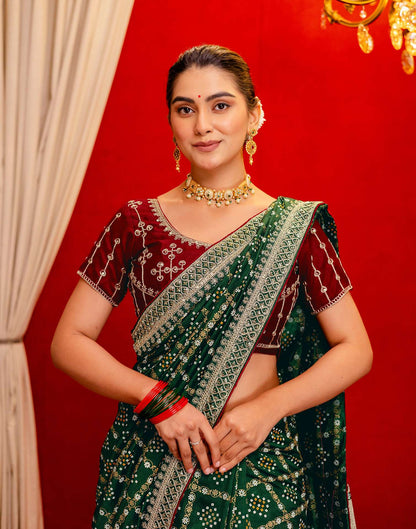 Dark Green Silk Bandhani Printed Saree