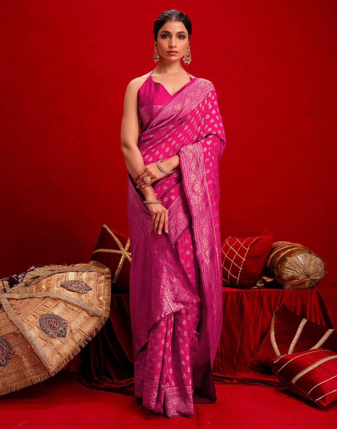 Dark Pink Silk Woven Banarasi Saree