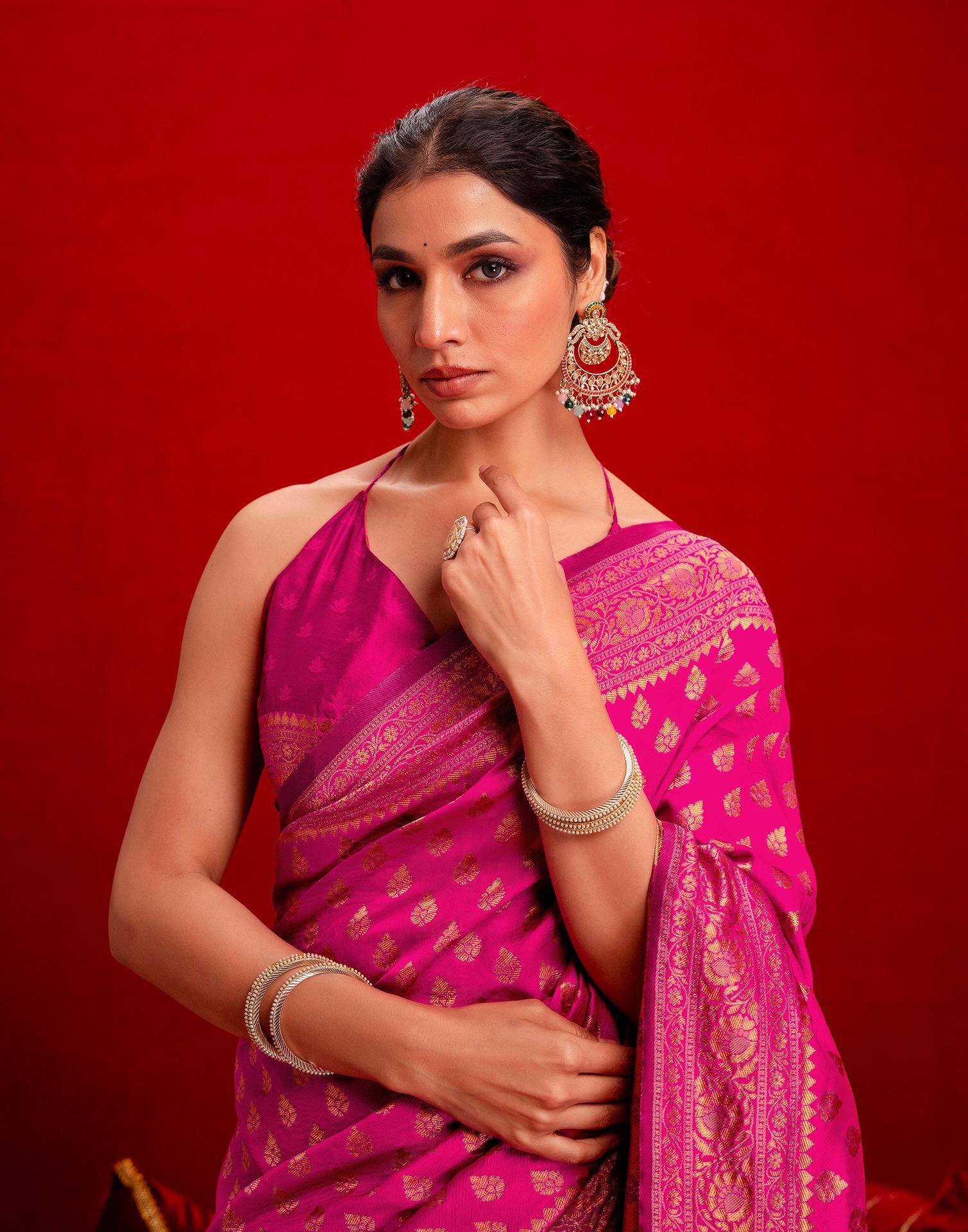 Dark Pink Silk Woven Banarasi Saree