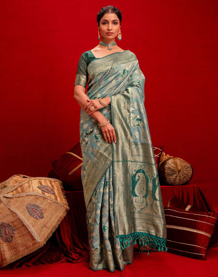 Light Blue Chanderi Cotton Woven Banarasi Saree