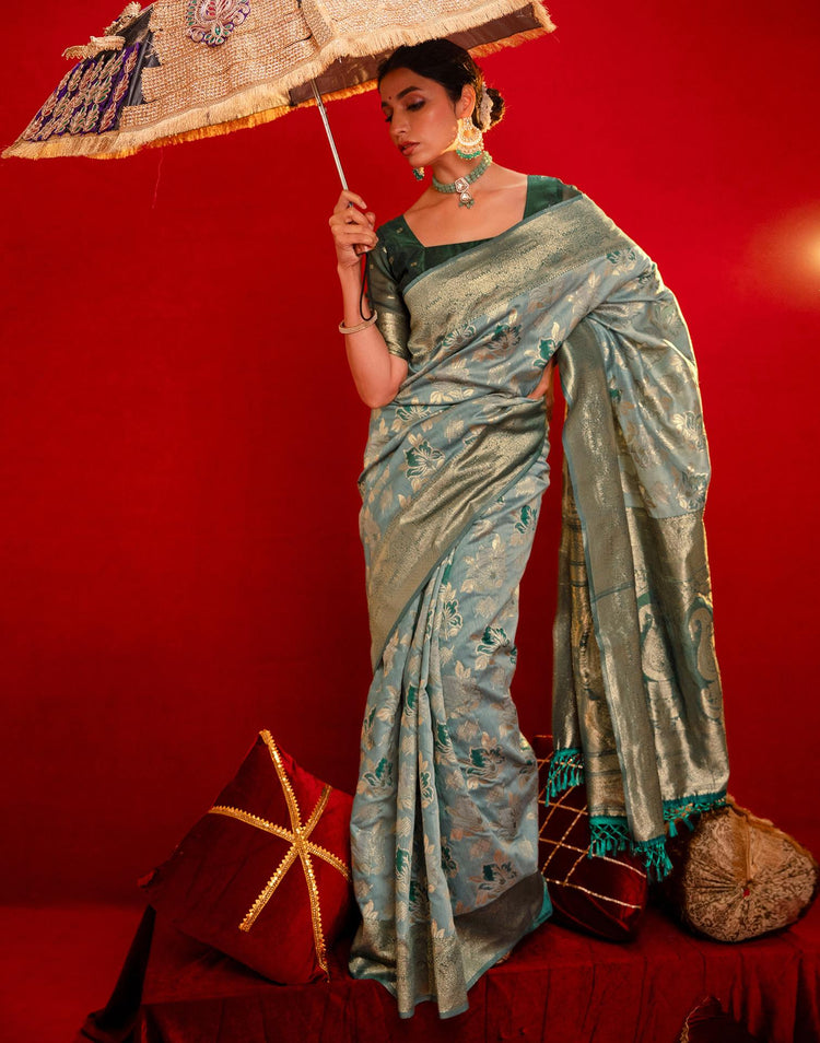 Light Blue Chanderi Cotton Woven Banarasi Saree